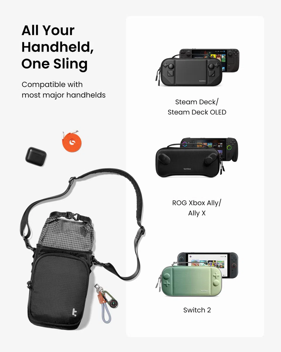 tomtoc Sling Bag per Custodia Slim per Console di Gioco Portatili, Borsa a Tracolla da Viaggio per Steam Deck, ROG Xbox Ally X, Switch 2, PS Portal, Borsa Roll-Top per Cavi di Ricarica e Accessori