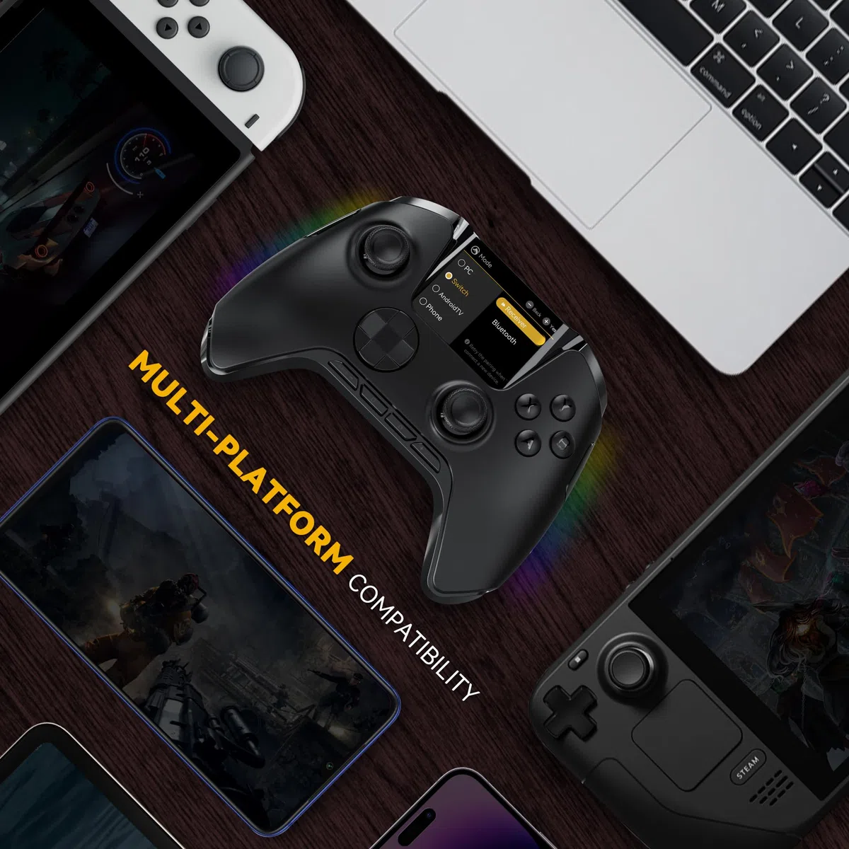 ManbaOne Interactive Screen Wireless Gaming Controller per PC/Switch/Switch 2/iOS/Android, Stick e Trigger ad Effetto Hall, Illuminazione RGB, Pulsanti Rimappabili, 1800mAh con Stazione di Ricarica