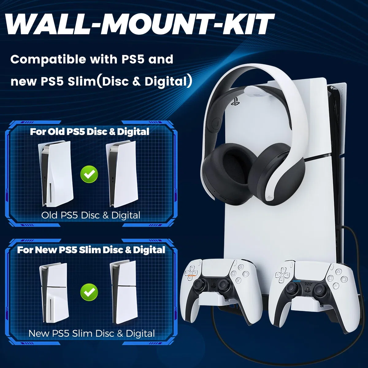 Supporto da Parete per PS5/PS5 Slim con Stazione, PS5/PS5 Slim Supporto Parete con Cavo di Ricarica Supporto per PS5 Muro per Playstation 5/PS5 Slim Digital/Disc Console con Supporto per Cuffia
