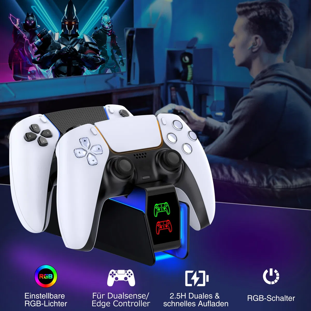 PS5 - Stazione di ricarica per controller PS5 Dual PS5 con luce RGB, stazione di ricarica PS5 con ricarica rapida da 2 ore, stazione di ricarica PS5 per controller PS5 e controller Edge (nero)