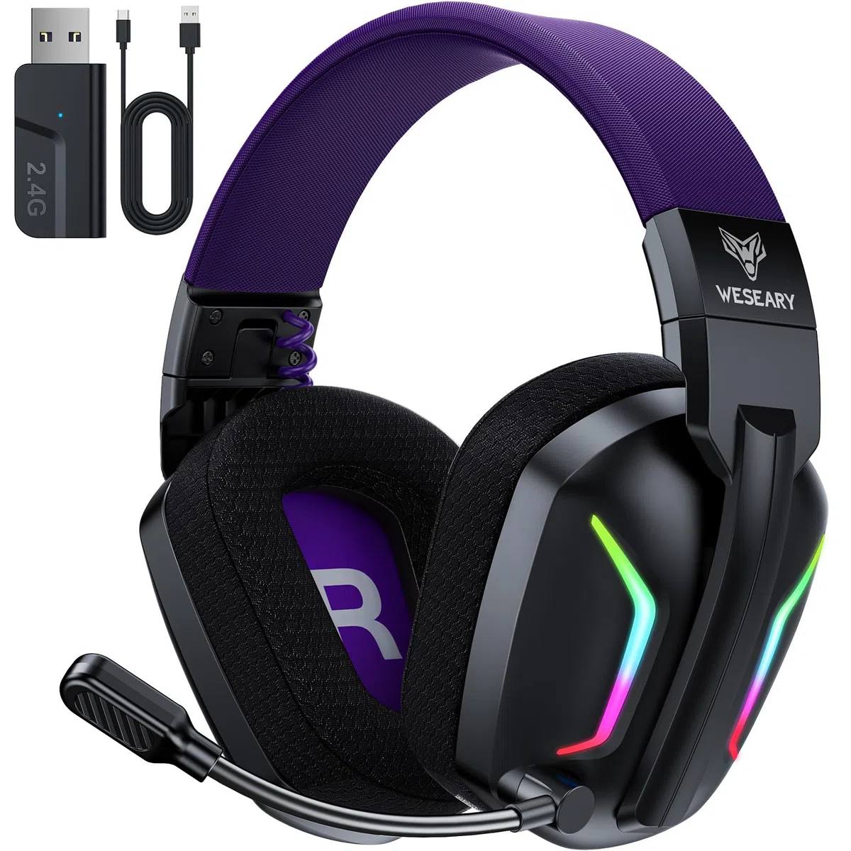 WESEARY WG1 Cuffie Gaming Wireless, 2,4 GHz Cuffie Gaming con Microfono per PS5, PS4, PC, Switch, Mac, Mobile, Cuffie per PS5 con Stereo, Cuffie Bluetooth Over Ear con Luce LED, Batteria da 50 Ore