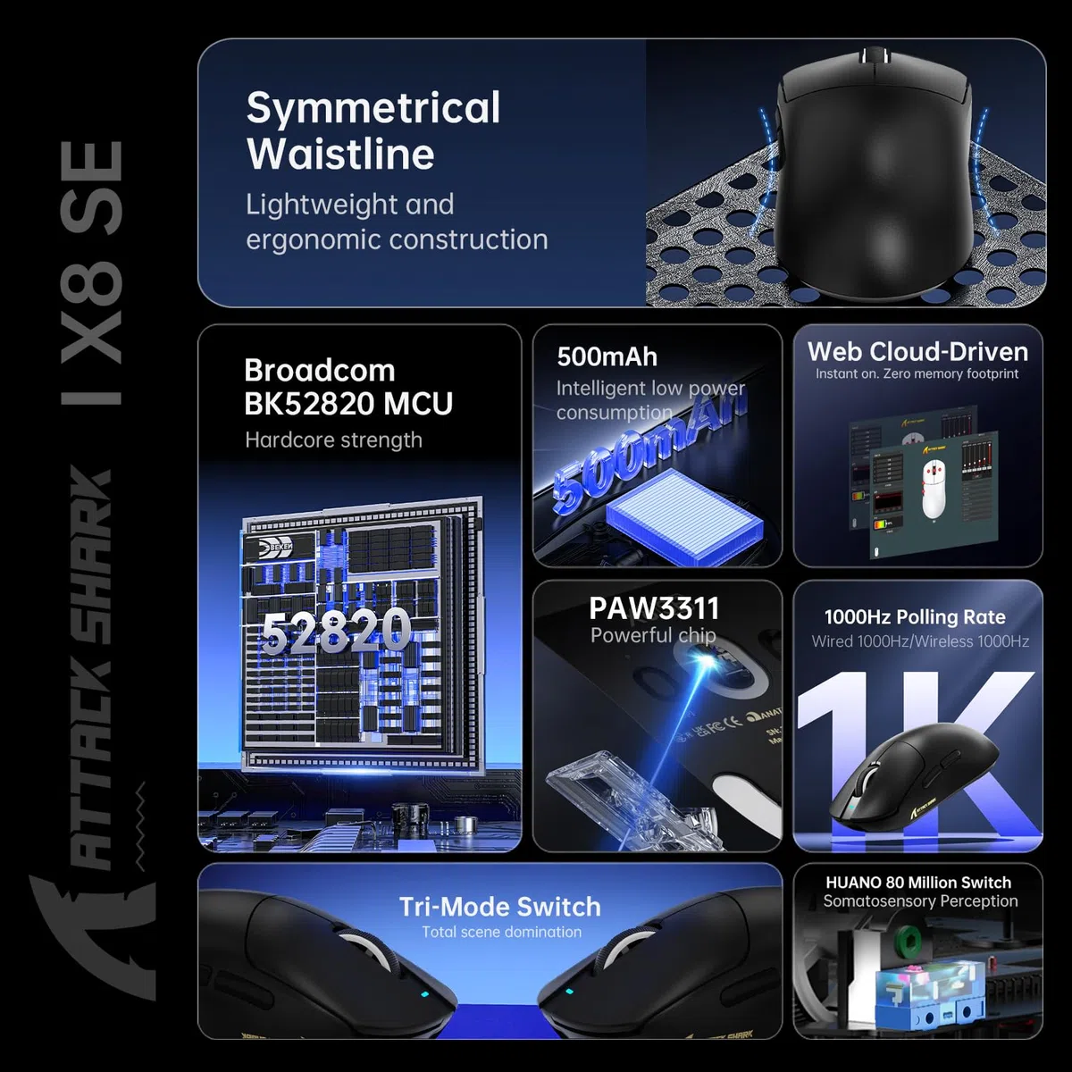 ATTACK SHARK X8SE Gaming Mouse, 55g Superlight, PixArt PAW3311 Sensor, 2.4G Wireless/Wired, 25000 DPI, 500mAh, Black