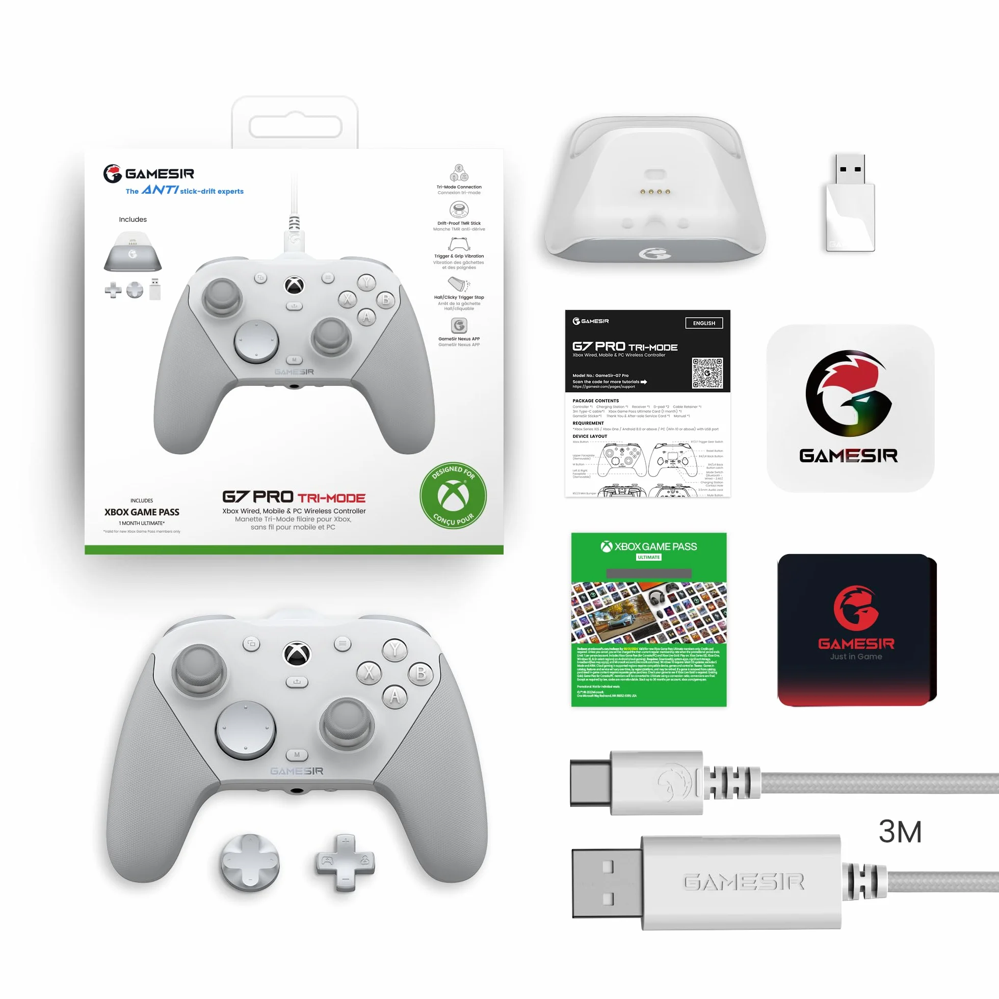 GameSir G7 Pro Controller 1000Hz Stazione Ricarica per Xbox Series X|S, Xbox One, PC, Android - Joystick TMR, Grilletti Regolabili, 4 Tasti Programmabili - Bianco Mecc