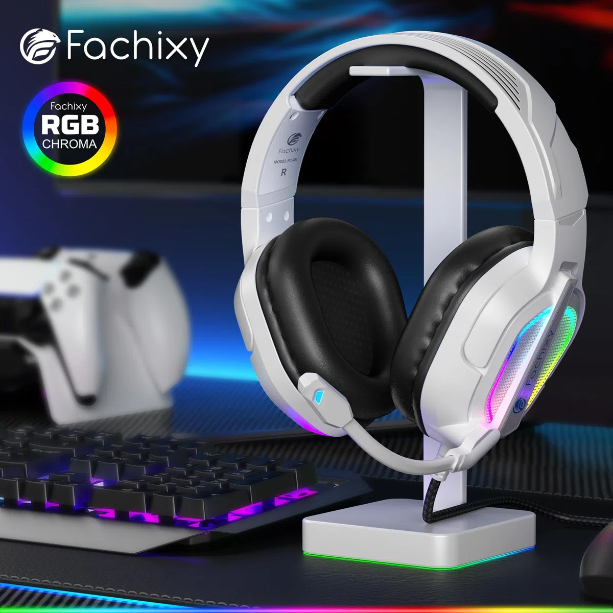 Fachixy FC-200 Cuffie da gioco pieghevoli con microfono ENC 3,5 mm RGB Bianco per PS5 PS4 PC Xbox Nintendo Switch