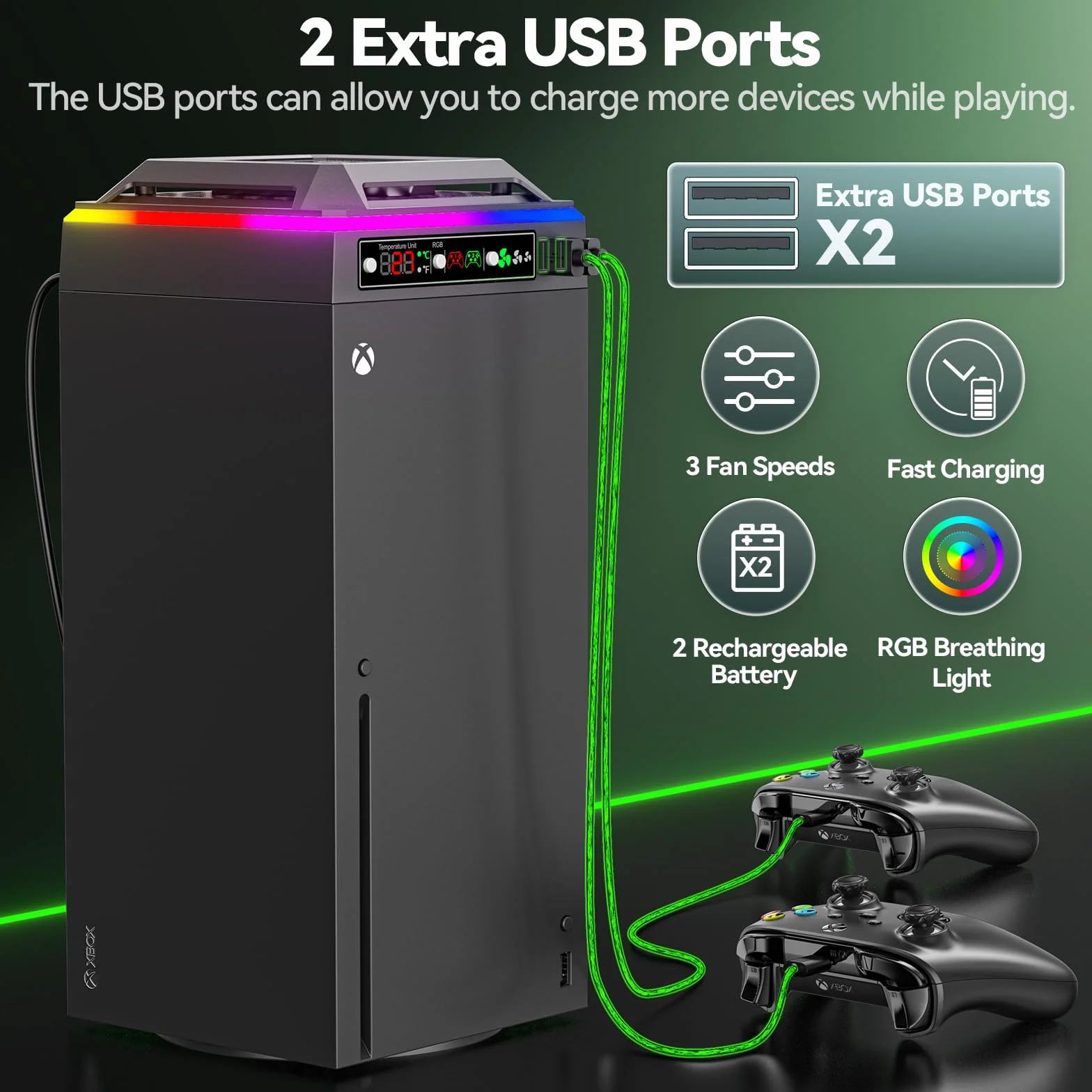 Ventola per Xbox Series X 3 Velocità, Base di Ricarica con Batterie Ricaricabili 2×2640 mWh, Raffreddamento Console con Indicatore Temperatura LED