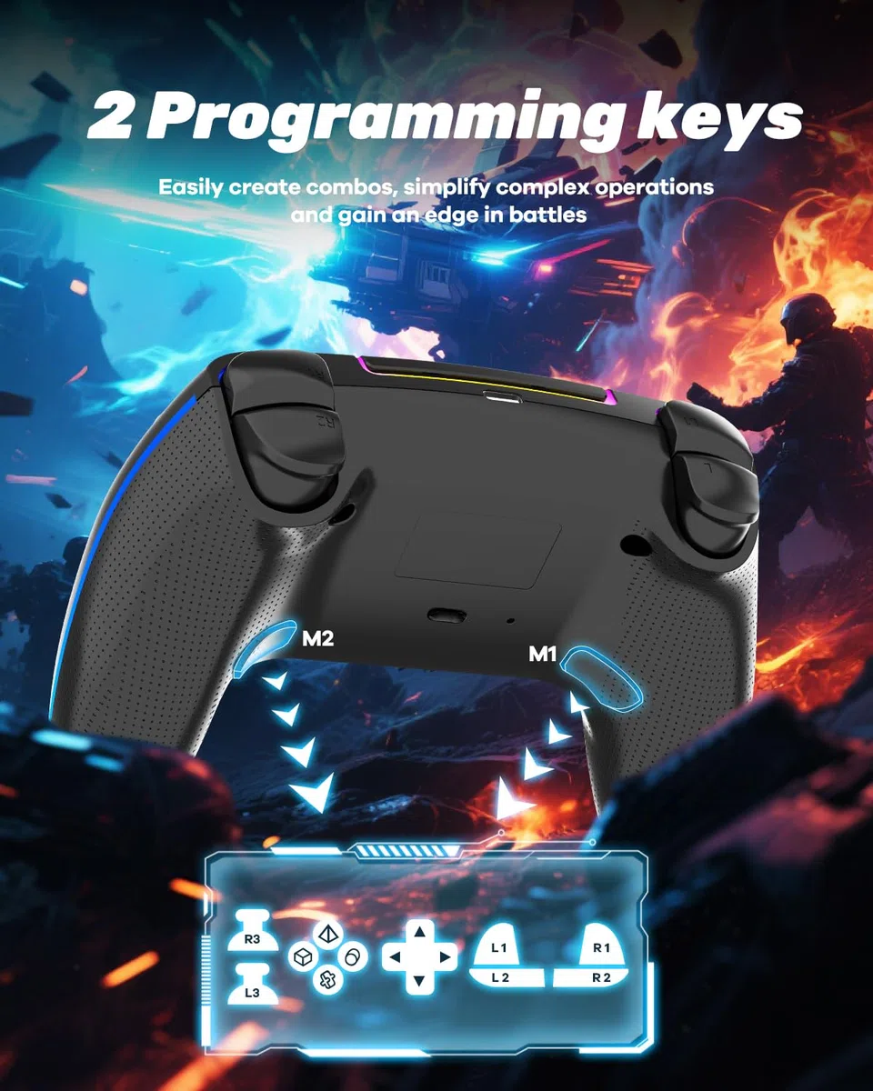 Controller Wireless Pro per PS5 PC MAC Steam Deck Gamepad 7 Colori RGB Personalizzabili Joystick Grilletti Effect Hall Turbo Giroscopio 6 Assi Programmabile Doppia Vibrazione Batteria 1500 mAh