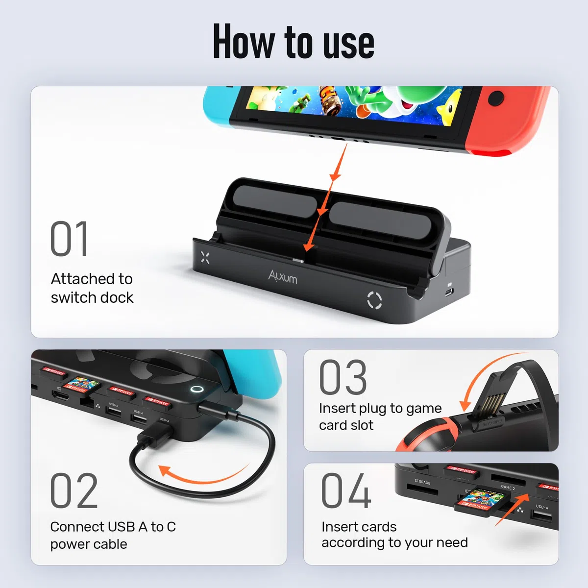 Alxum Switch Docking Station con lettore di schede di gioco in telecomando, docking station portatile per Switch con 3 porte USB A, porta HDMI e porta Ethernet RJ45 compatibile con Switch/Switch OLED