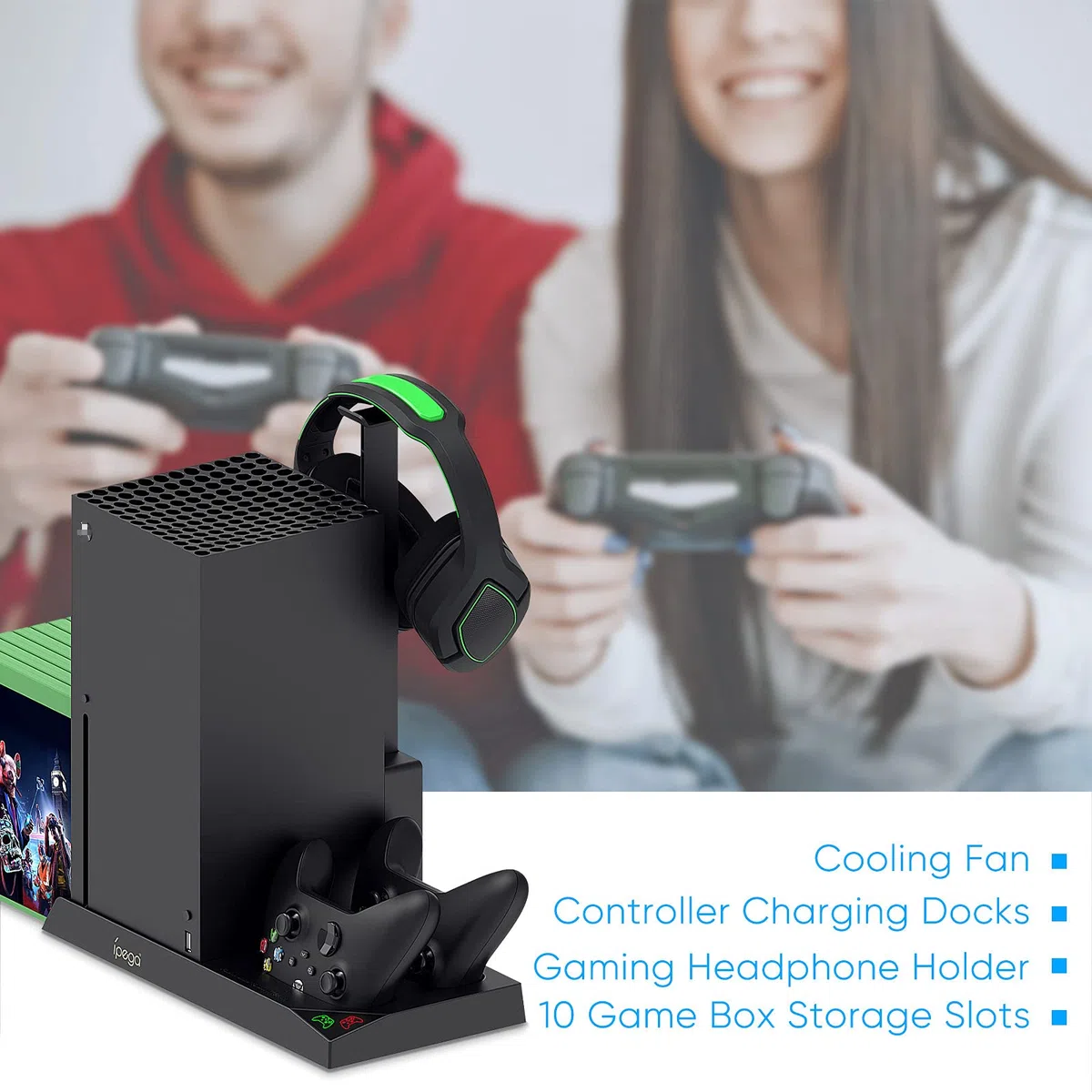Supporto di raffreddamento verticale compatibile con console Xbox Series X, stazione di ricarica con doppio controller con 2 batterie da 1400 mAh e organizer per console da gioco e supporto per cuffie