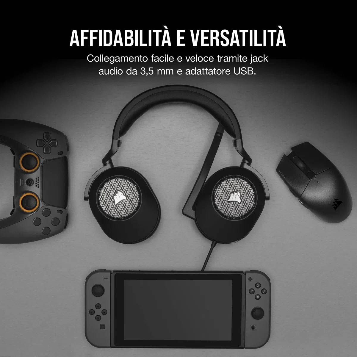 Corsair HS65 Surround Cuffie Gaming Cablate 7.1 Multipiattaforma Carbonio Dolby Surround SonarWorks SoundID iCUE PC Mac PS5 PS4 Xbox Nintendo Switch Mobile
