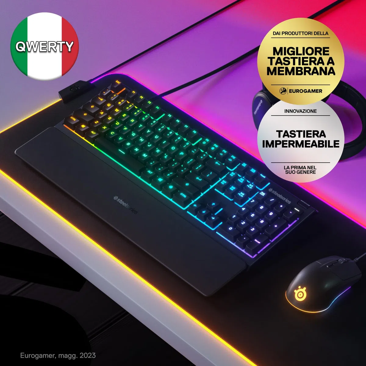 SteelSeries Apex 3 Tastiera da Gaming RGB Illuminazione a 10 Zone Poggiapolsi Magnetico Layout Italiano QWERTY