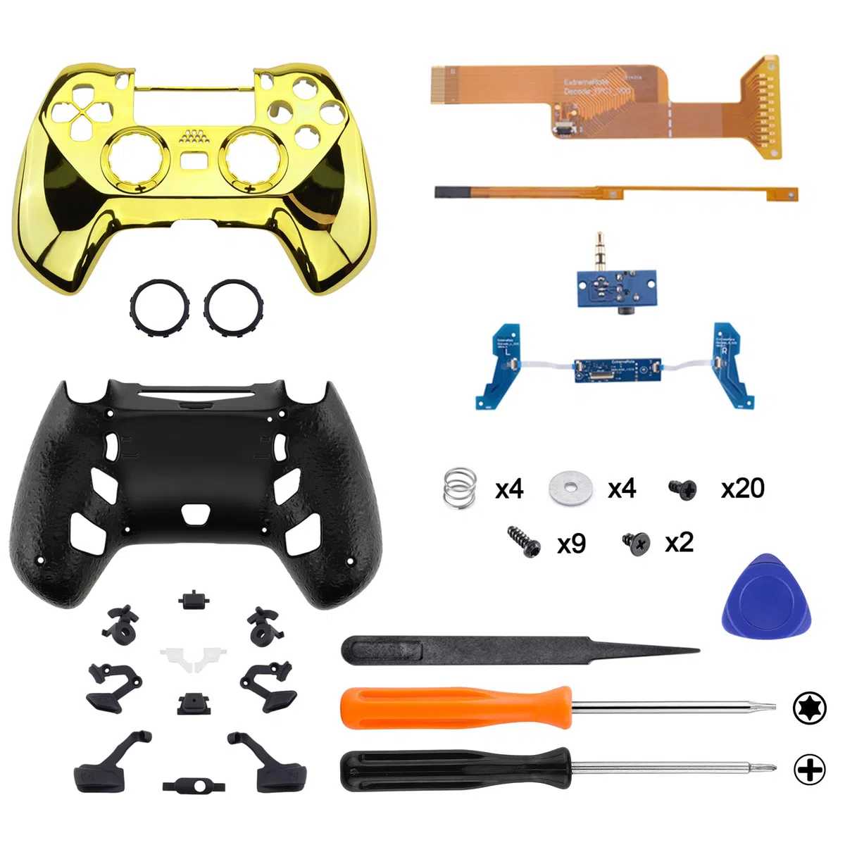 eXtremeRate DECADE Torneo Aggiornamento Kit per ps4 Controller CUH-ZCT2(Non Controller), Cover Shell&Tasti Posteriori&Trigger Stop, Accessori per ps4 Joystick JDM-040/050/055, Oro Cromo