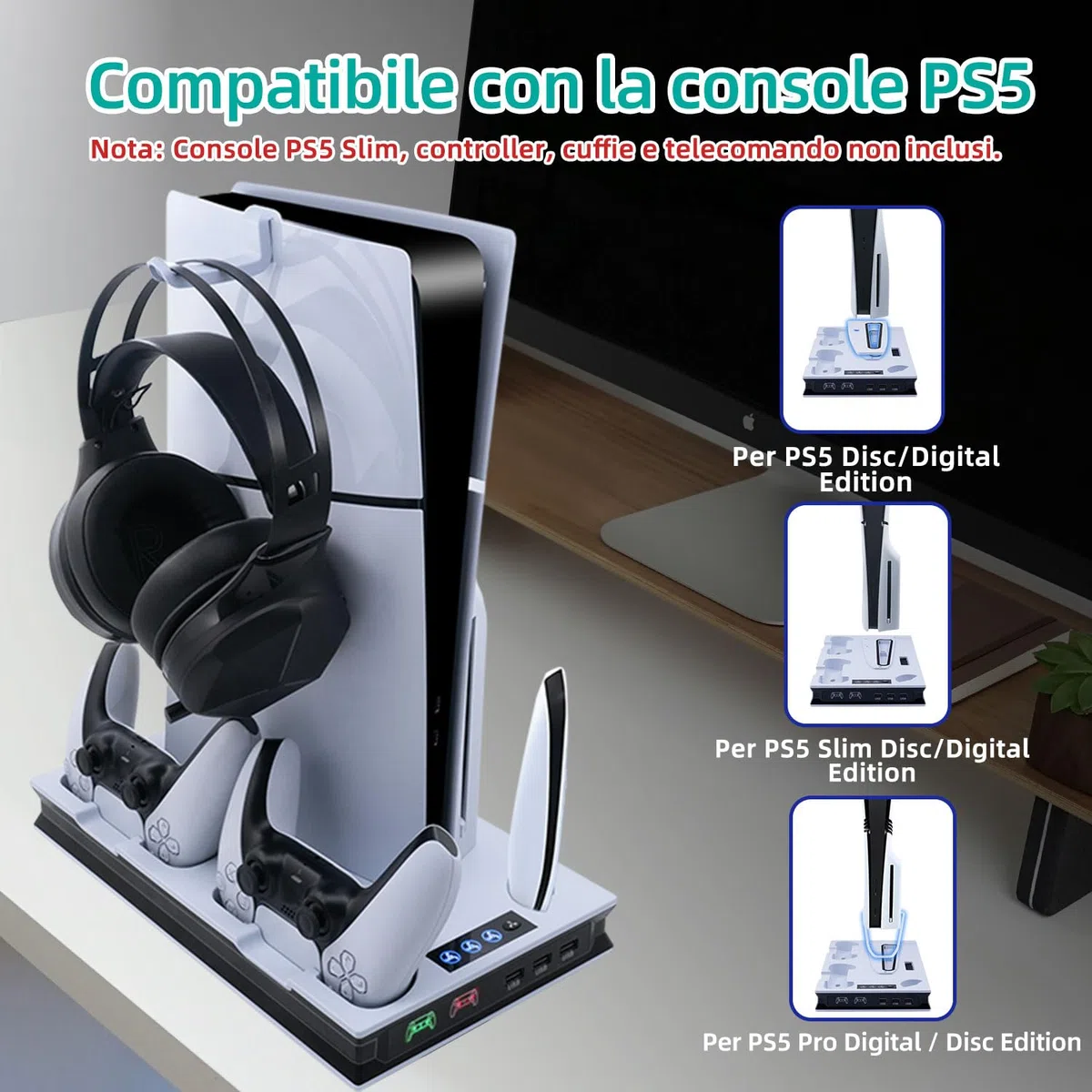Supporto Verticale di Raffreddamento per PS5/PS5 Pro/PS5 Slim Stazione di Ricarica per Controller Doppi con 3 Livelli di Ventola/Supporto per Cuffie per PS5/PS5 Slim UHD/Digital Edition