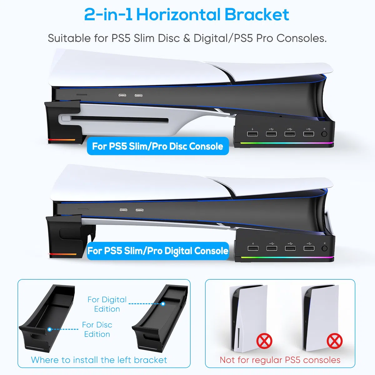 FYOUNG Supporto orizzontale aggiornato per PS5 Slim Digital & Disc Edition con 14 luci RGB, base antiscivolo accessori con 4 porte USB - Solo per Playstation 5 Slim 2023 (nero), P5S2B