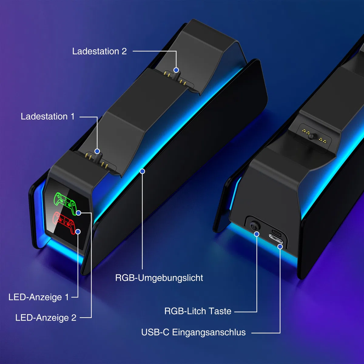 PS5 - Stazione di ricarica per controller PS5 Dual PS5 con luce RGB, stazione di ricarica PS5 con ricarica rapida da 2 ore, stazione di ricarica PS5 per controller PS5 e controller Edge (nero)