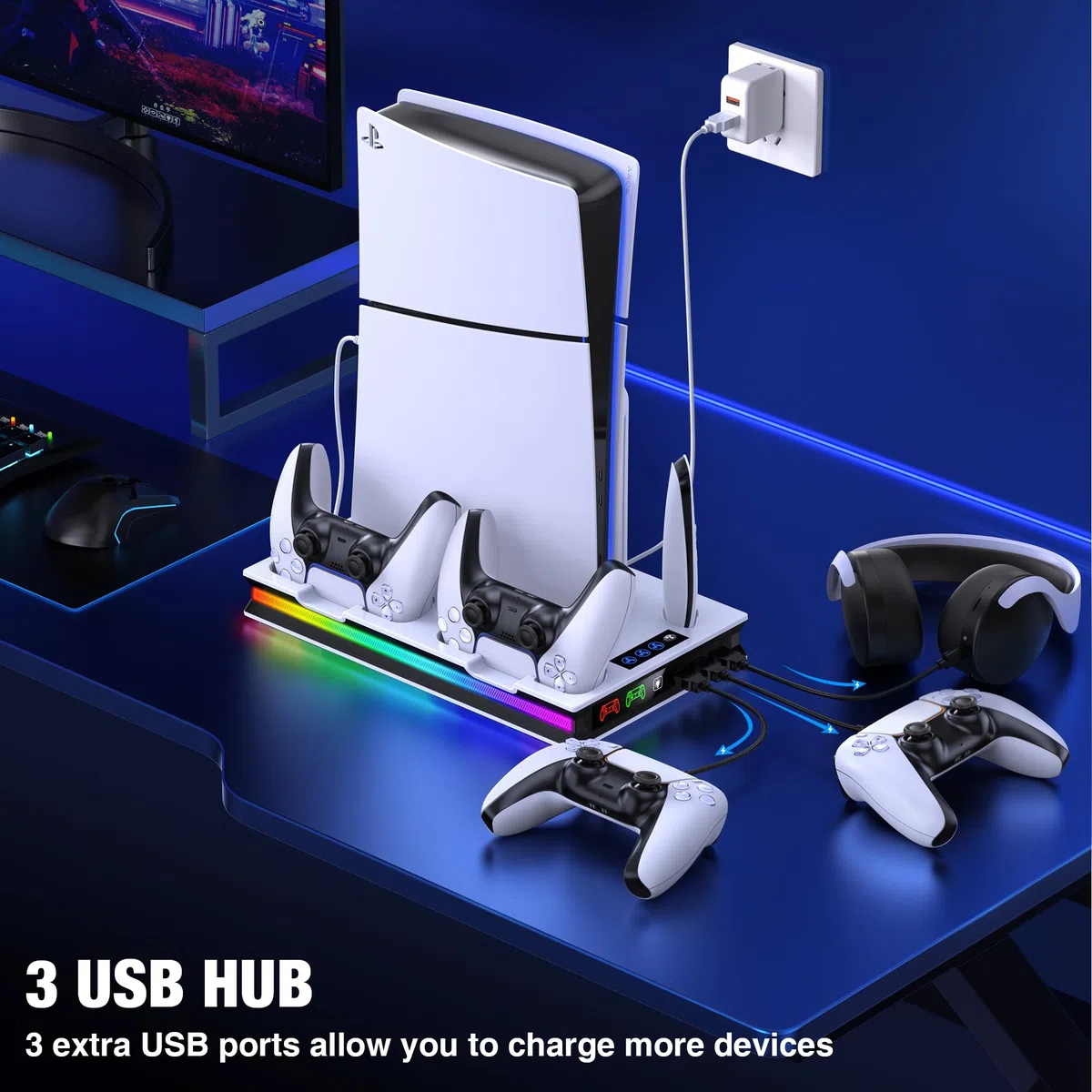 ALEEMTRY PS5 Support with LED Light, 3-Speed Fan, Joypad Charger, Headphone Hook, 4 USB-C Ports for PS5 Slim/Pro