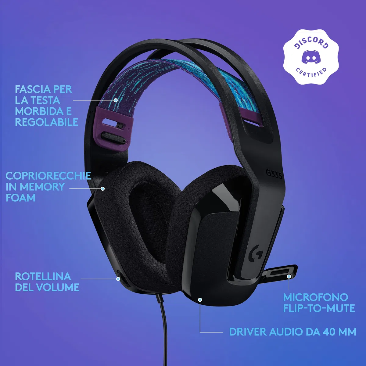 Logitech G G335 Cuffia Gaming Cablata con Microfono Flip-to-Mute, Jack 3,5 mm, Memory Foam, Leggera, Compatibile PC, PS, Xbox, Nintendo Switch - Nero
