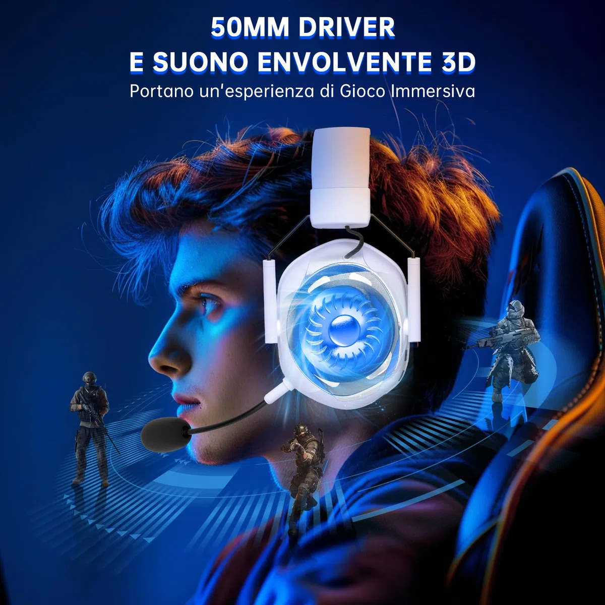 Cuffie Gaming Wireless per Xbox Series X|S, Xbox One, PS5, PC con Microfono, Suono Surround, Bluetooth 5.2, 60 Ore, Luce RGB - Bianco