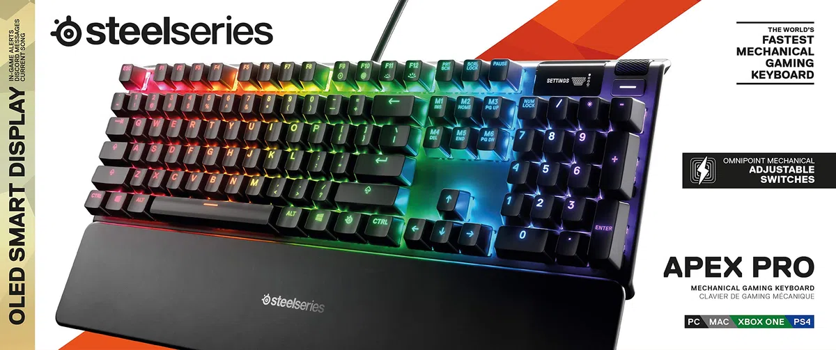 SteelSeries Apex Pro HyperMagnetic Tastiera da gaming - La più veloce al mondo - Azionamento regolabile - Schermo OLED - RGB - USB Passthrough - Layout Americano (QWERTY)