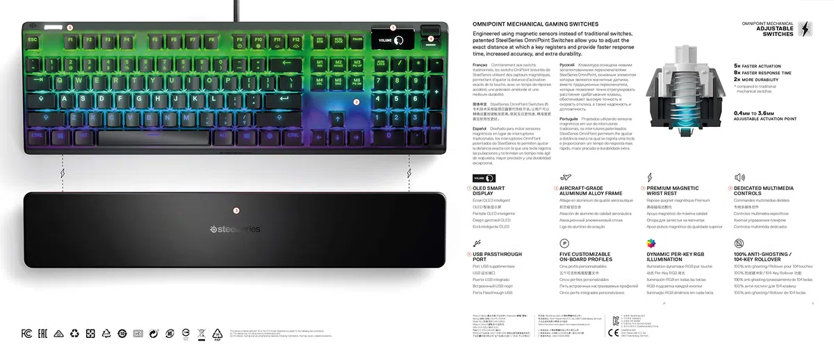 SteelSeries Apex Pro HyperMagnetic Tastiera da gaming - La più veloce al mondo - Azionamento regolabile - Schermo OLED - RGB - USB Passthrough - Layout Americano (QWERTY)