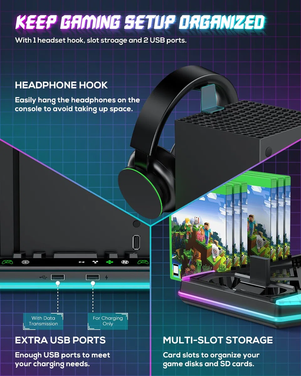 Stazione di Caricamento e Ventola di Raffreddamento per Xbox Series X con 11 Illuminazione RGB, 2x1400 mAh Batterie Ricaricabili e Supporto