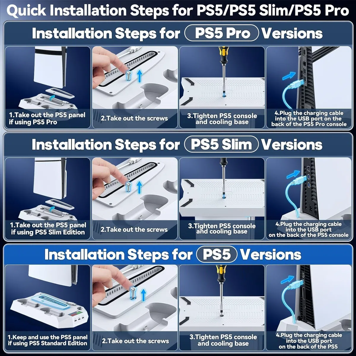 Tokluck Supporto per PS5/Slim/Pro con Raffreddamento, Caricatore per PS5 Controller, Ventola per PS5 a 3 velocità con Supporto per Cuffie e 3 USB HUB