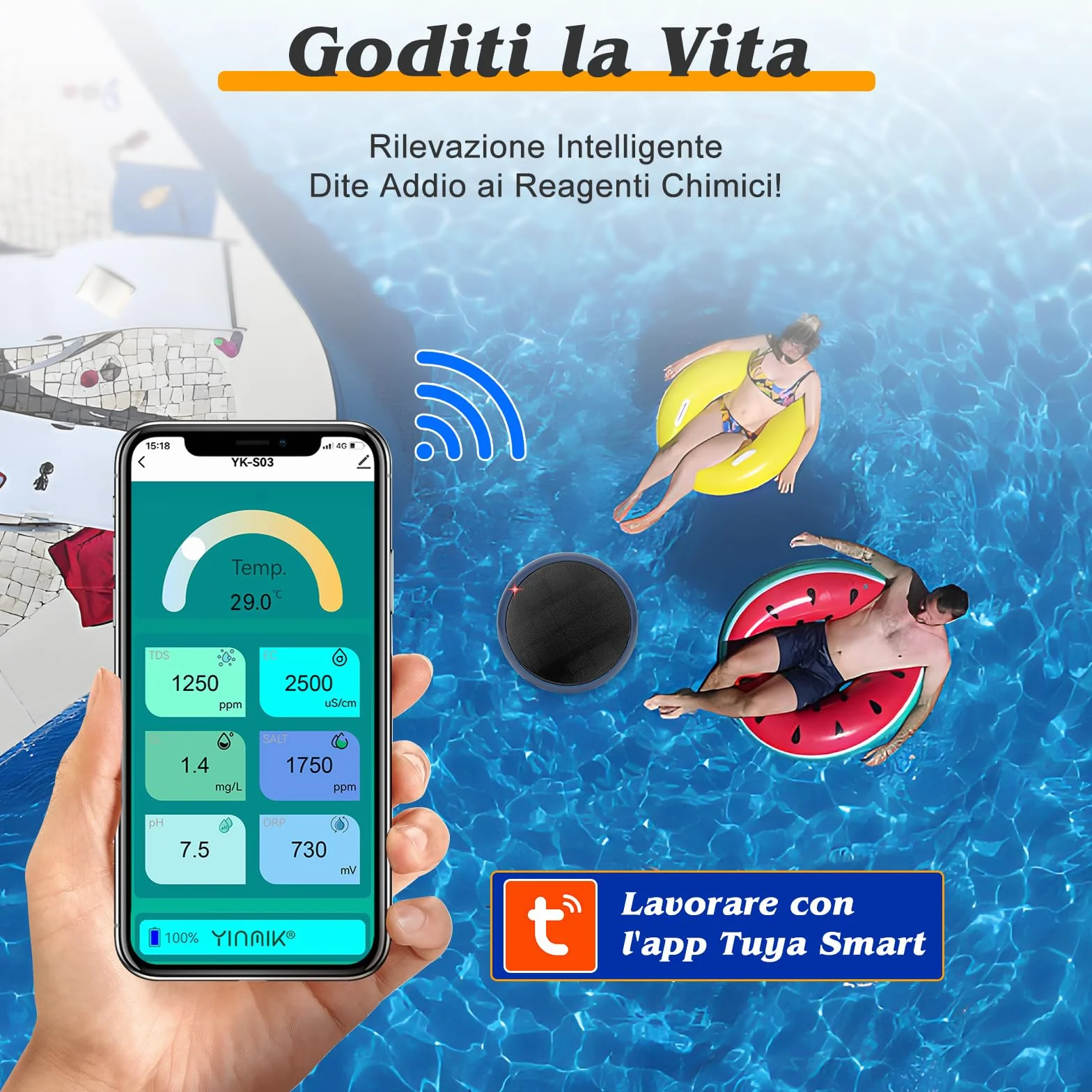 UIUZMAR Misuratore di Cloro e pH Piscina WiFi, Analizzatore Intelligente 7 in 1 per Acqua Salata e Piscina, Misura pH, Cloro Residuo, Sale, ORP, EC, TDS, Temperatura, con Ricarica Solare