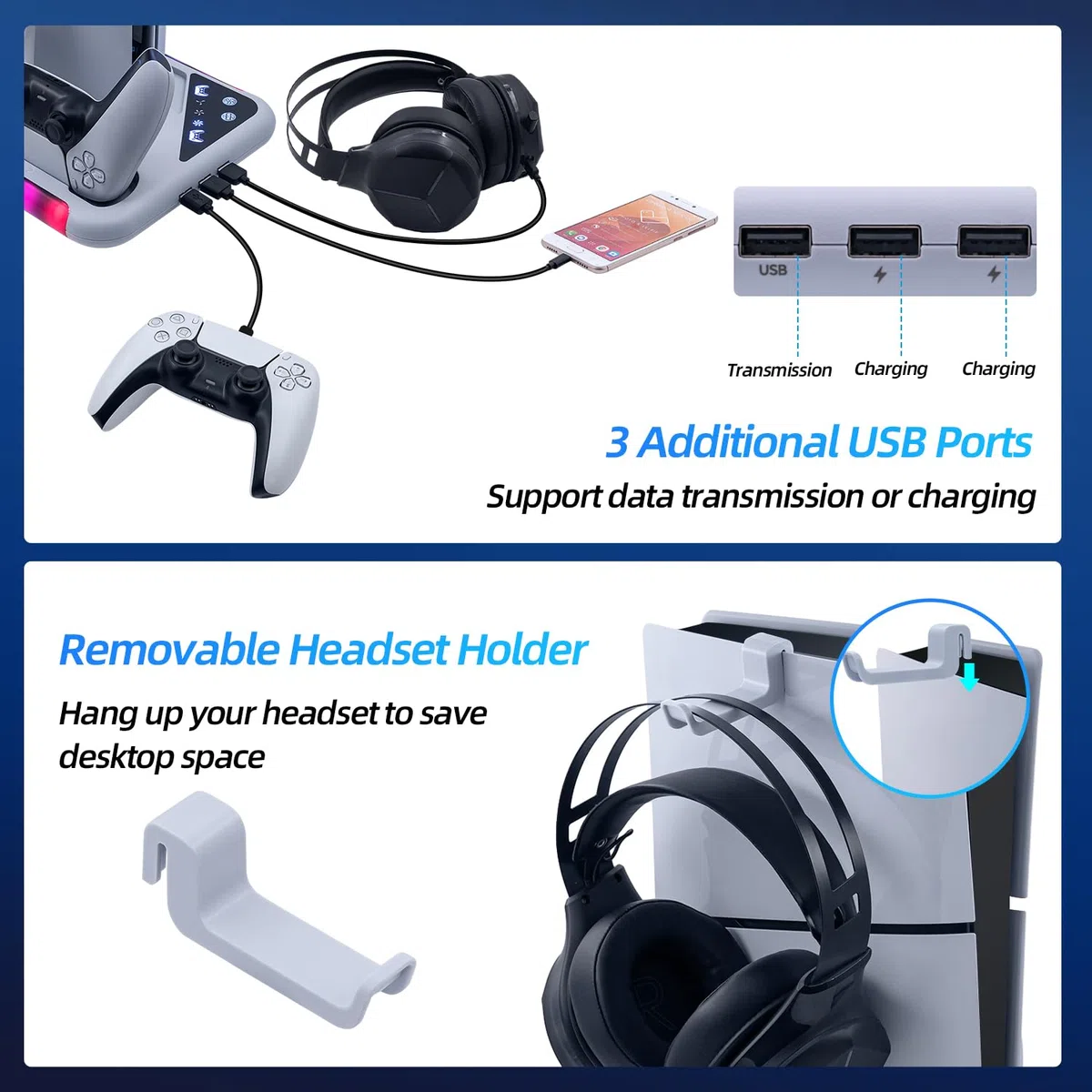 Supporto con ventola per console PS5 Slim/PS5, stazione di ricarica per DualSense/Edge Controller con 9 luci RGB, supporto per cuffie e 3 hub USB per PS5 UHD e Digital-Bianco