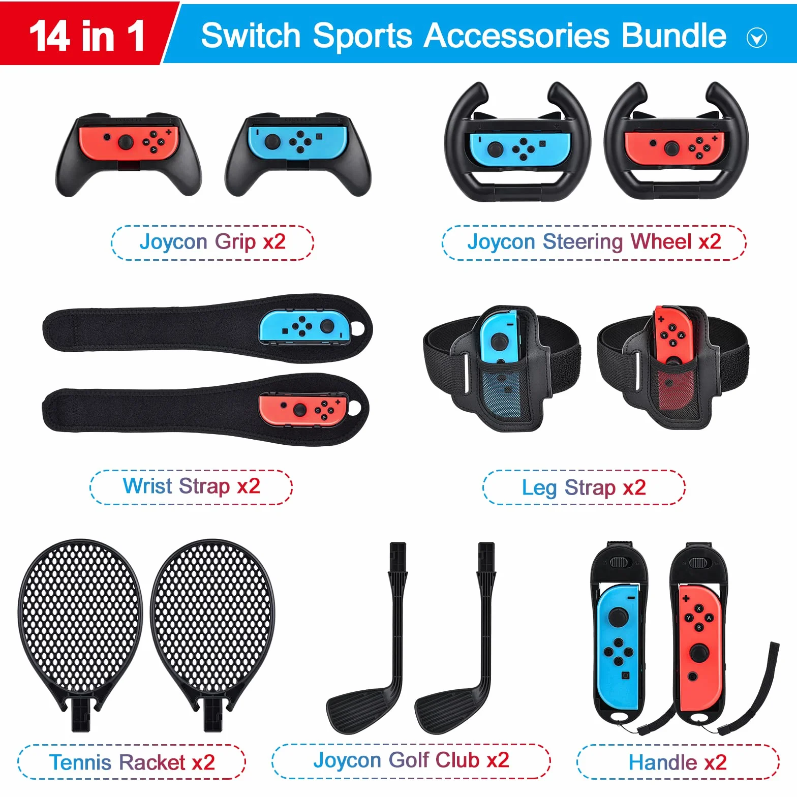 14 in 1 Switch Sports Accessori Bundle, innoAura Switch Sport Bundle con Switch Volante,Impugnatura Joycon,Racchetta Tennis,Glof Club,Cinturino polso,Cinturino gamba compatibile con Switch/Switch OLED