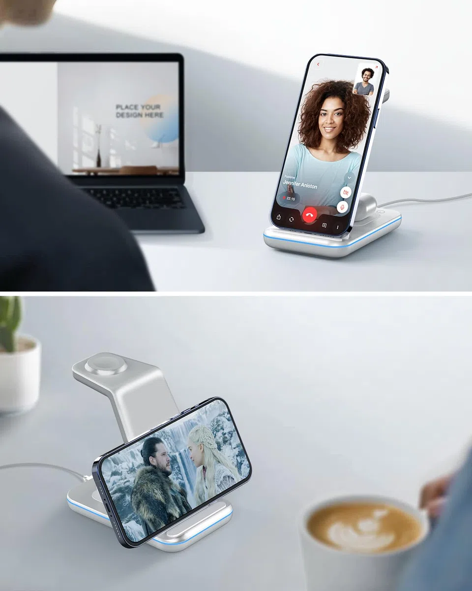 GEEKERA Stacja Ładowania Bezprzewodowa dla Apple iPhone Air/17/16/15/14/13/12/11/X/8, Apple Watch Ultra/11-2/SE, AirPods Pro-2, Srebrny