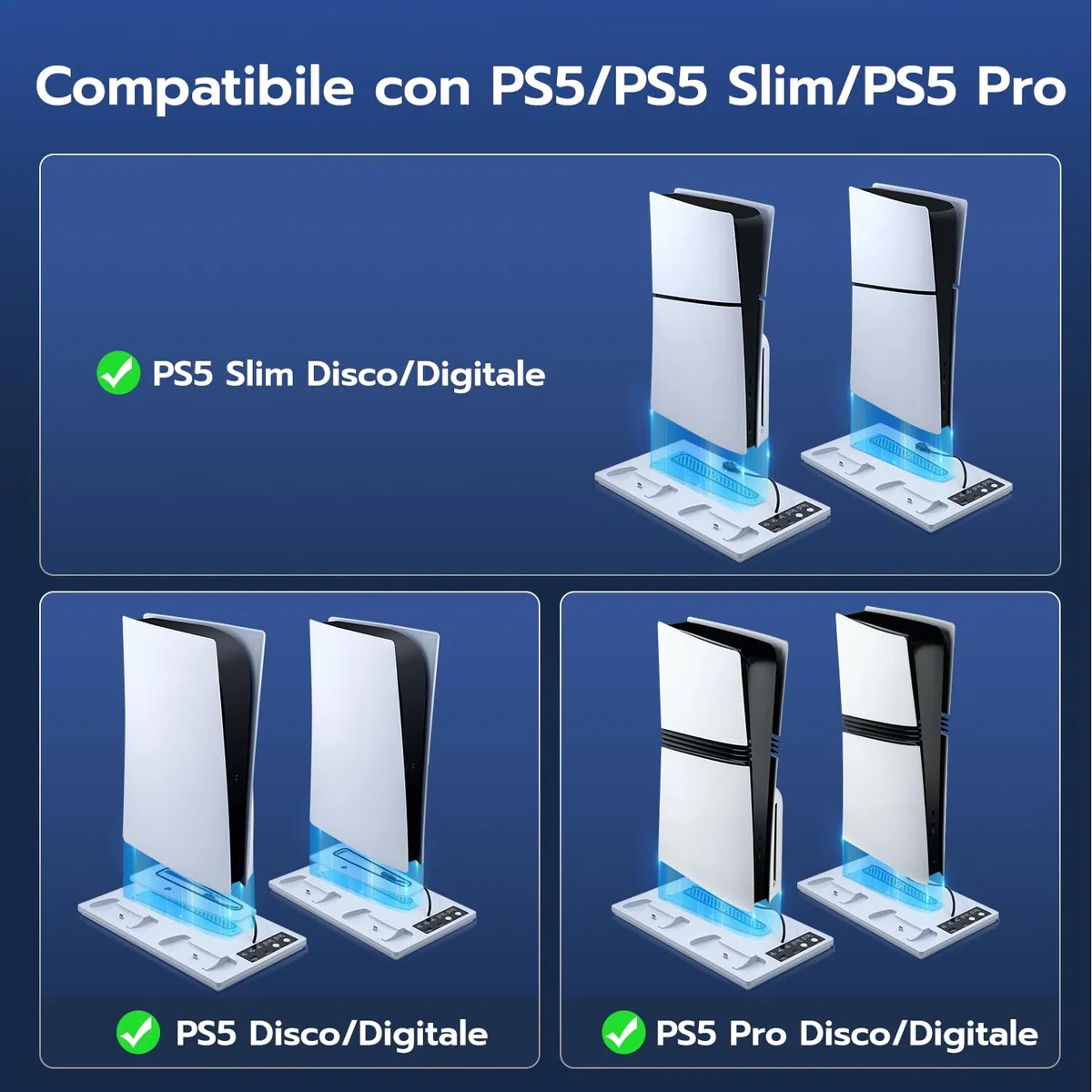 Verticale Supporto con Raffreddamento e Ricarica per PS5/PS5 Pro/PS5 Slim, Ventola 3 Livelli RGB