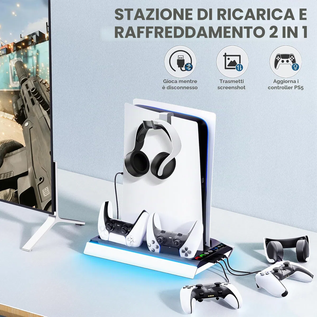 Tokluck Supporto PS5 con Ventola di Raffreddamento Automatica, Base PS5 Slim con Controllere di Ricarica PS 5, Stazione Ricarica Controller PS5 per Controllere P5 & Edge & PRO, Accessori P5/Slim