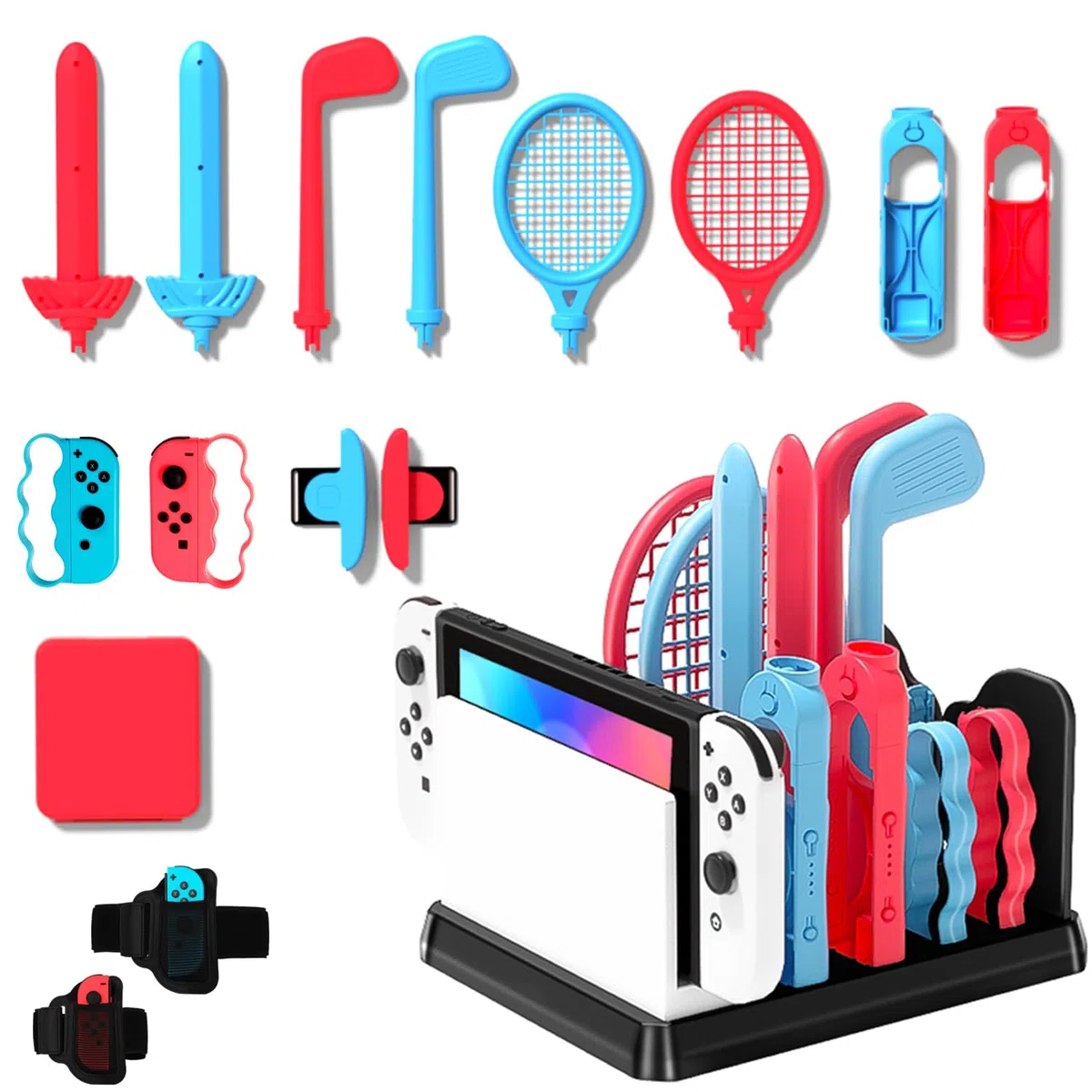OLDZHU Set di accessori sportivi 16 in 1 con organizer compatibile con Nintendo Switch & console OLED, 2024, per feste in famiglia, set di accessori per gioco