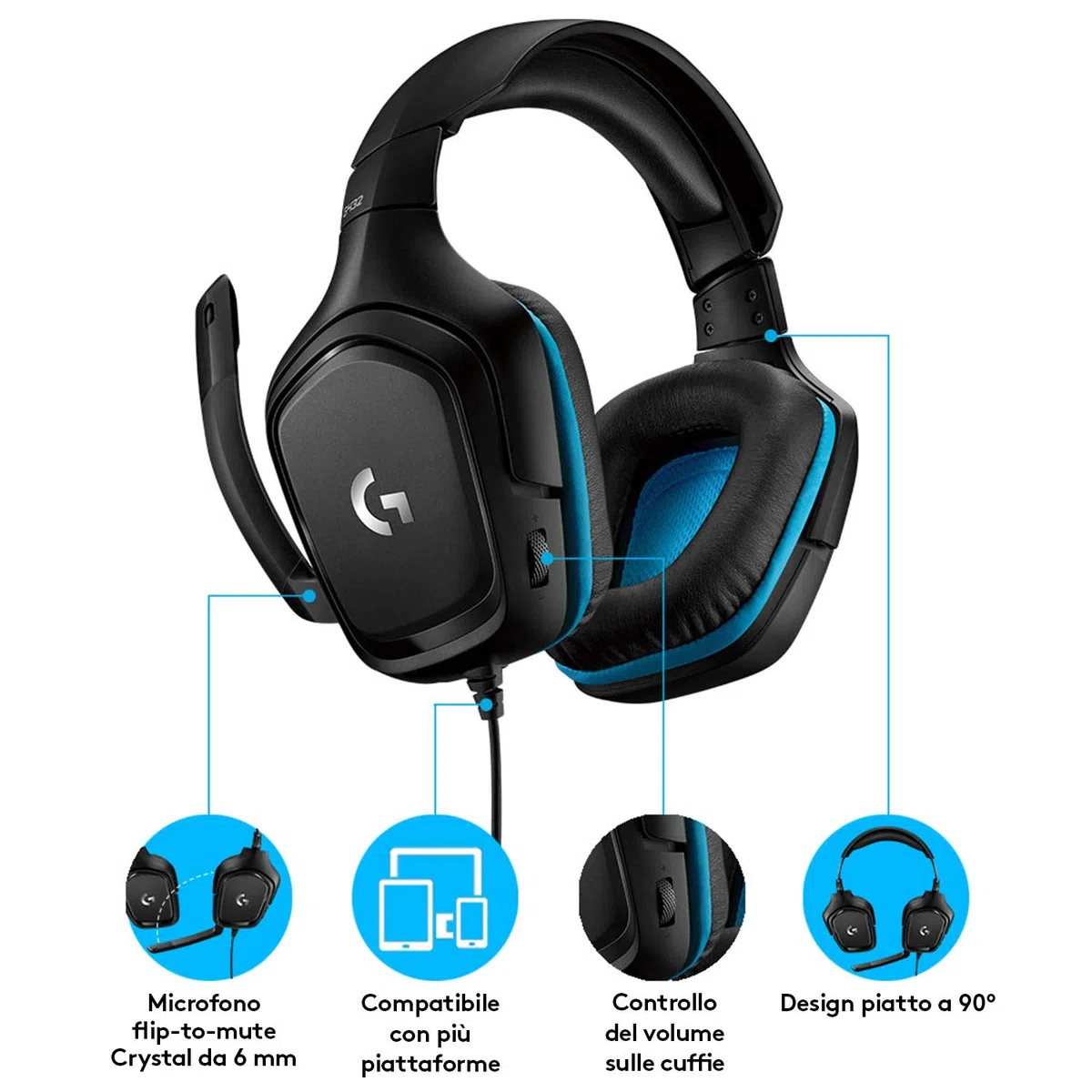 Logitech G G432 Cuffie Gaming Cablate, Audio Surround 7.1, Driver 50 mm, Jack USB 3.5 mm, Microfono Flip-to-Mute, Nero/Blu
