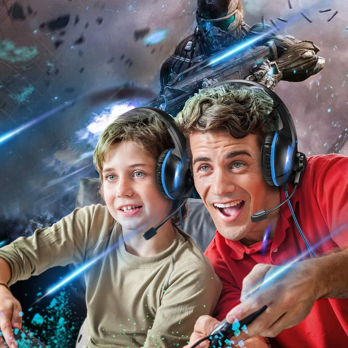 YINSAN Cuffie Gaming con Microfono per PS5 PS4 PC Xbox One Nintendo Switch Xbox, Cuffie da Gioco Cablate Over Ear con Cancellazione del Rumore, Stereo Bass Deep, LED Luce, Leggero, Blu