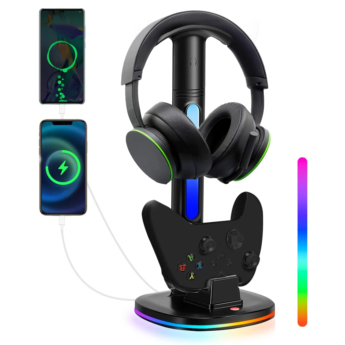 Caricabatterie per controller con supporto per cuffie RGB per Xbox Series X|S/One/One X/One S, XSX con 2 porte di ricarica USB, supporto per cuffie per stazione di ricarica Xbox, nero