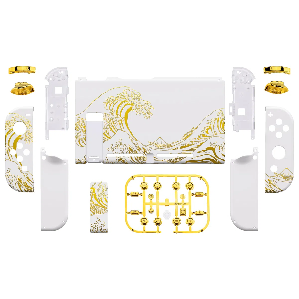 eXtremeRate Cover per Nintendo Switch,Custodia Tasti Pulsanti Kit per Joycon,Scocca Shell Grip DIY Ricambio per Console,Senza Controller-Grande Onda d'Oro Bianca