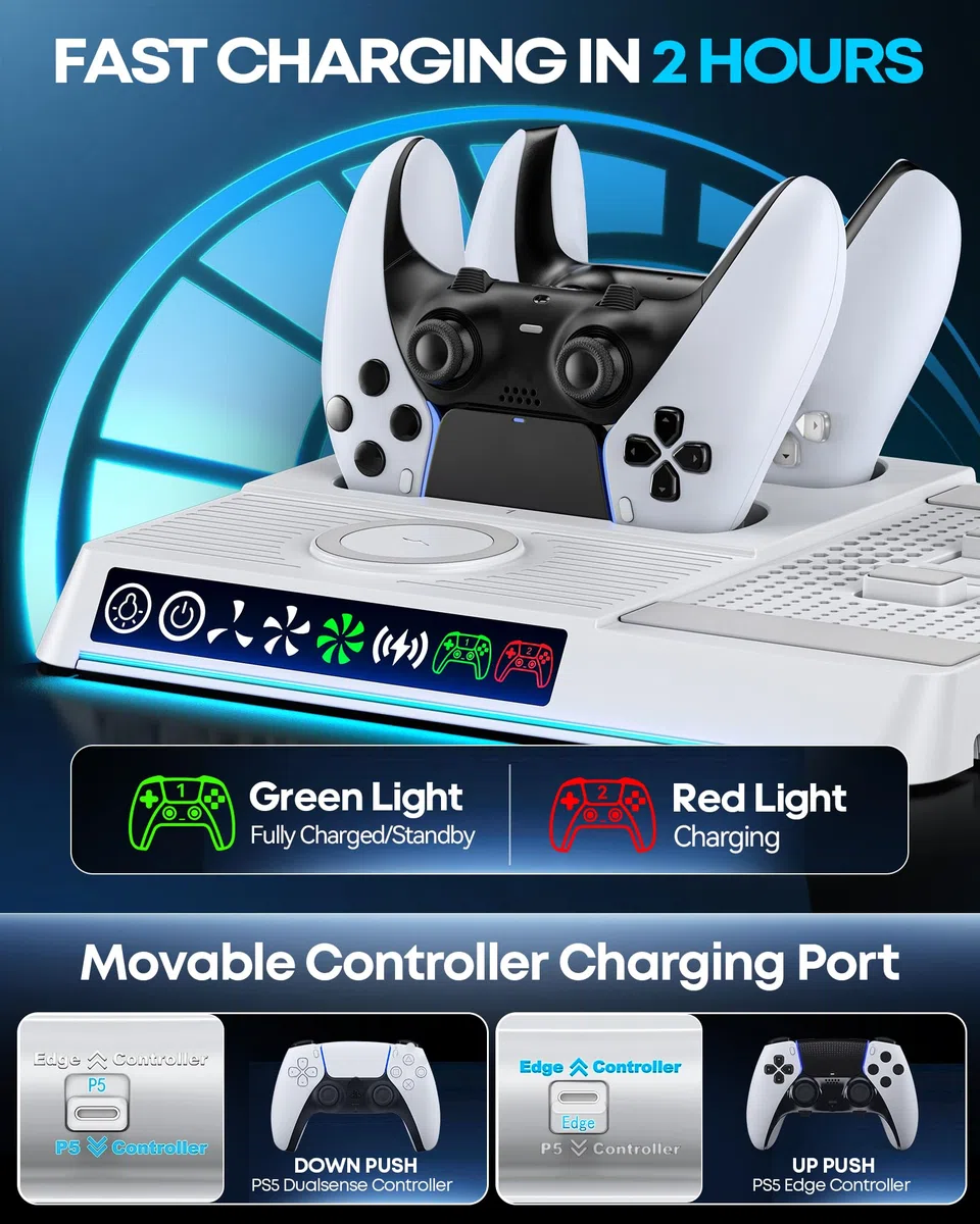Supporto di Raffreddamento per PS5/Slim/Pro, Caricatore Controller PS5 con Caricatore Wireless, Supporto PS5 con Ventola PS5 a 3 Velocità & 9 Illuminazione RGB, Accessori di PS 5 con Gancio per Cuffie