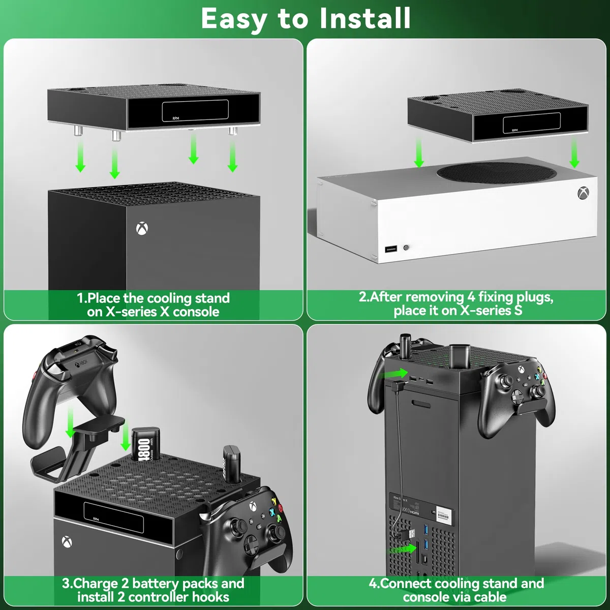 Ventola Raffreddamento Automatica per Xbox Series X & S, 9 Modalità Illuminazione RGB, 4800 mWh Batterie Ricaricabili, Accessori Xbox Series X