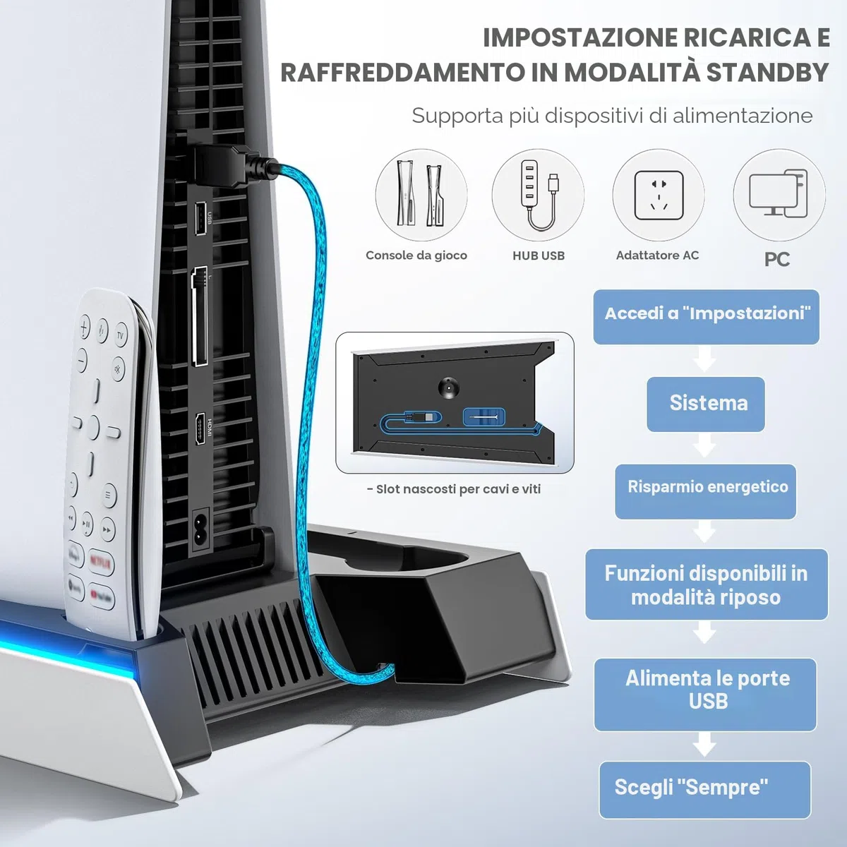 Supporto PS5 Slim Pro Console Disco Digitale Base Raffreddamento Ricarica Illuminazione RGB Caricatore Controller Ventola 3 Livelli Accessori