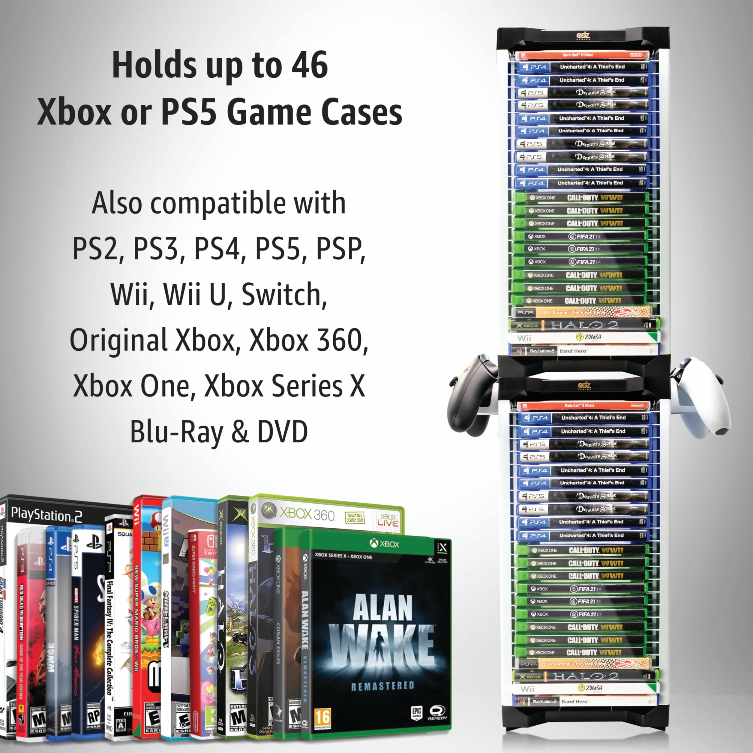 ADZ Supporto universale per videogiochi, torre di archiviazione per 46 giochi per PS2 PS3 PS4 PS5 PSP Xbox 360 Xbox One Series X Wii Switch giochi DVD e dischi Blu-Ray inclusi 2 supporti per