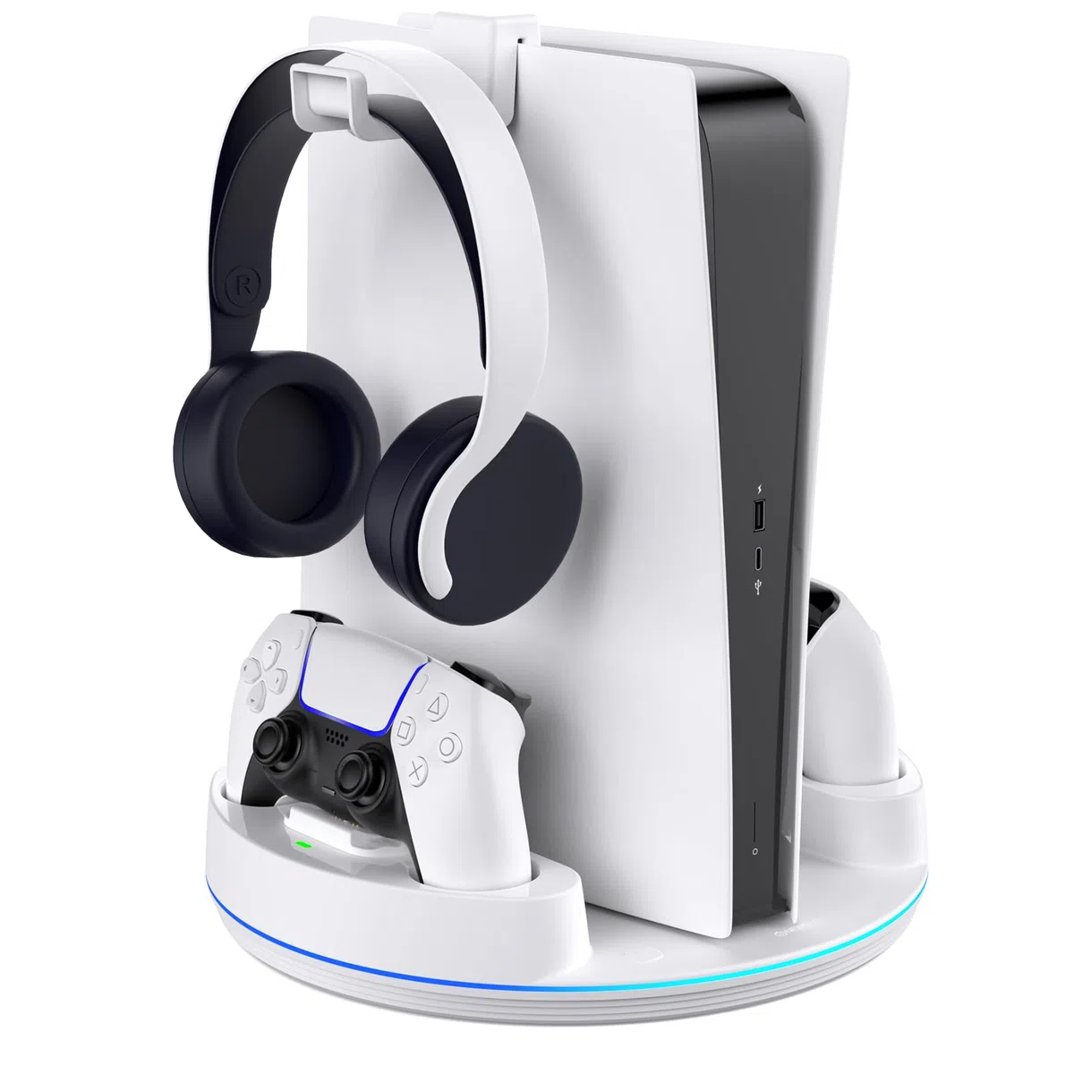 NEWDERY per PS5/PS5 Slim/PS 5 Pro Stand, stazione di ricarica doppio controller con luce RGB per PlayStation 5, supporto verticale per Playstation 5 Digital/Disc Console, bianco