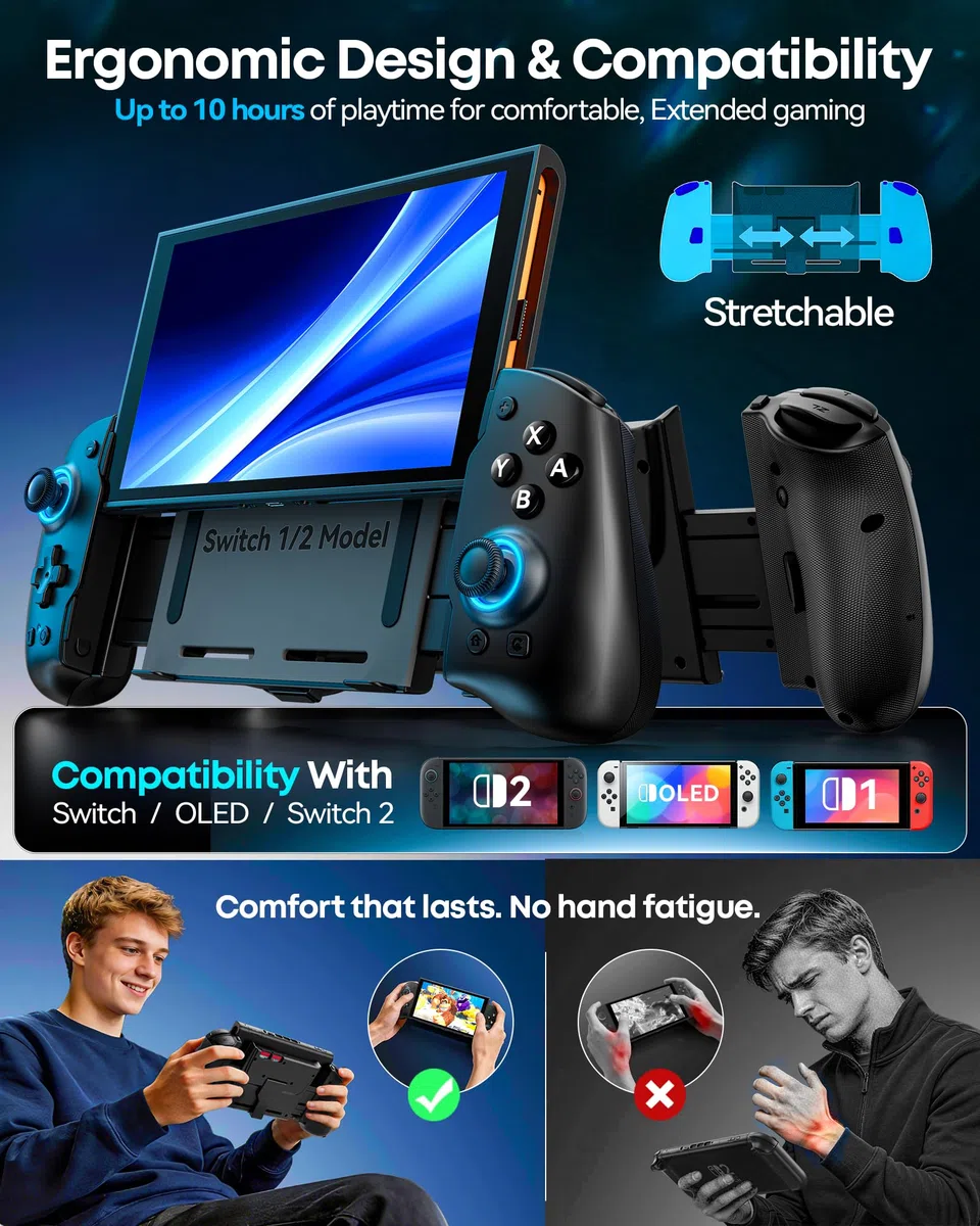 Controller per Switch 2/Switch/OLED con TMR Joystick, Monoblocco Estensibile Joypad Nintendo Switch, Gamepad Sostitutivo Switch Pro con Luci RGB, TURBO Regolabile, Vibrazione, Macro Programmabile