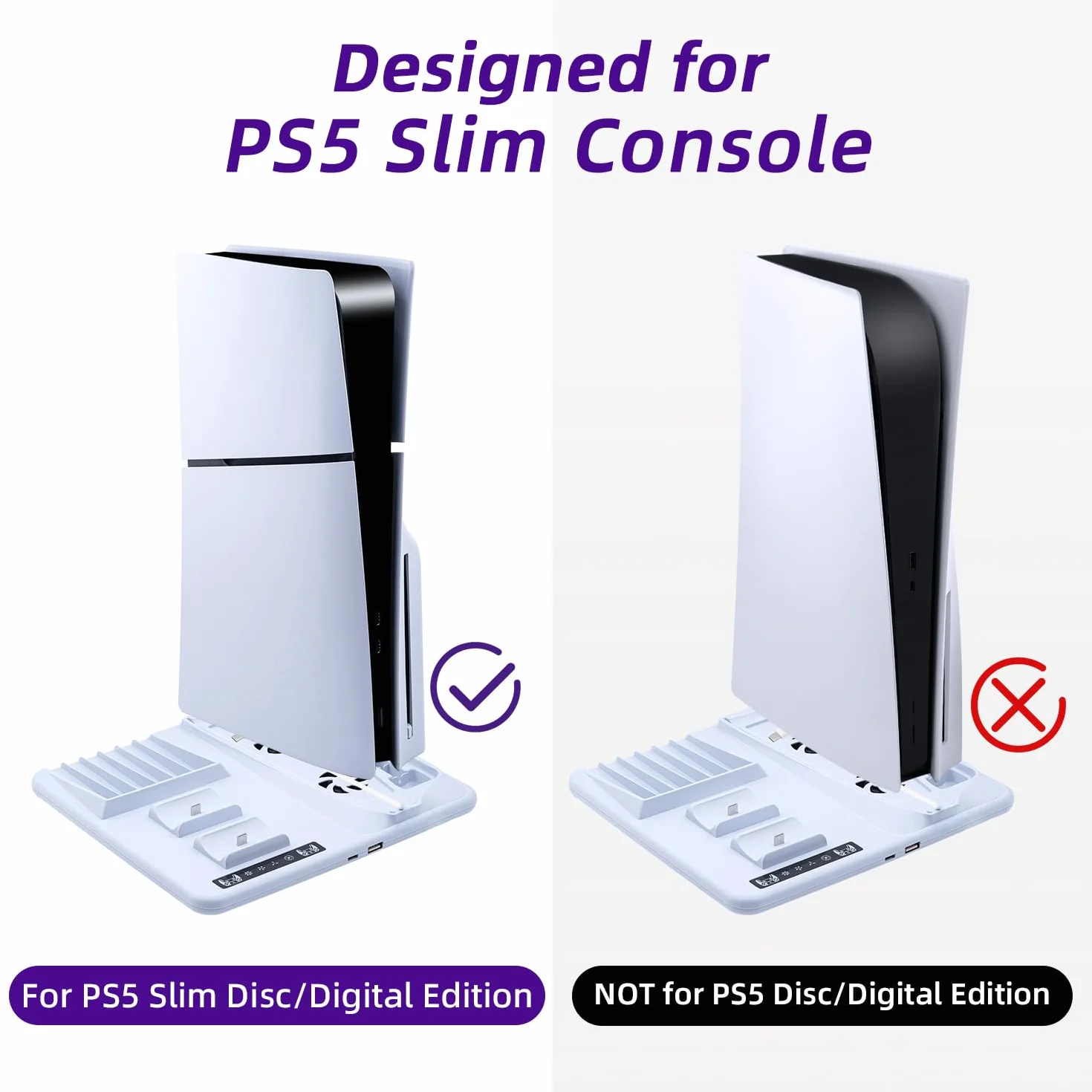 Stazione di Ricarica per PS5 Slim, Doppi Controller con Gancio Cuffie, Raffreddamento per Playstation 5 Slim con 6 Slot Dischi