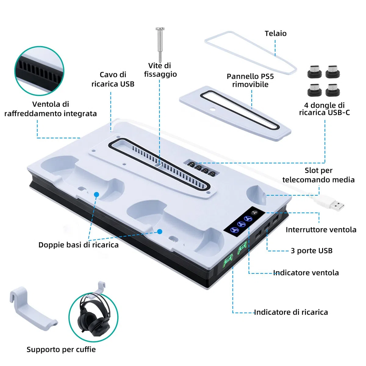 Supporto Verticale di Raffreddamento per PS5/PS5 Pro/PS5 Slim Stazione di Ricarica per Controller Doppi con 3 Livelli di Ventola/Supporto per Cuffie per PS5/PS5 Slim UHD/Digital Edition