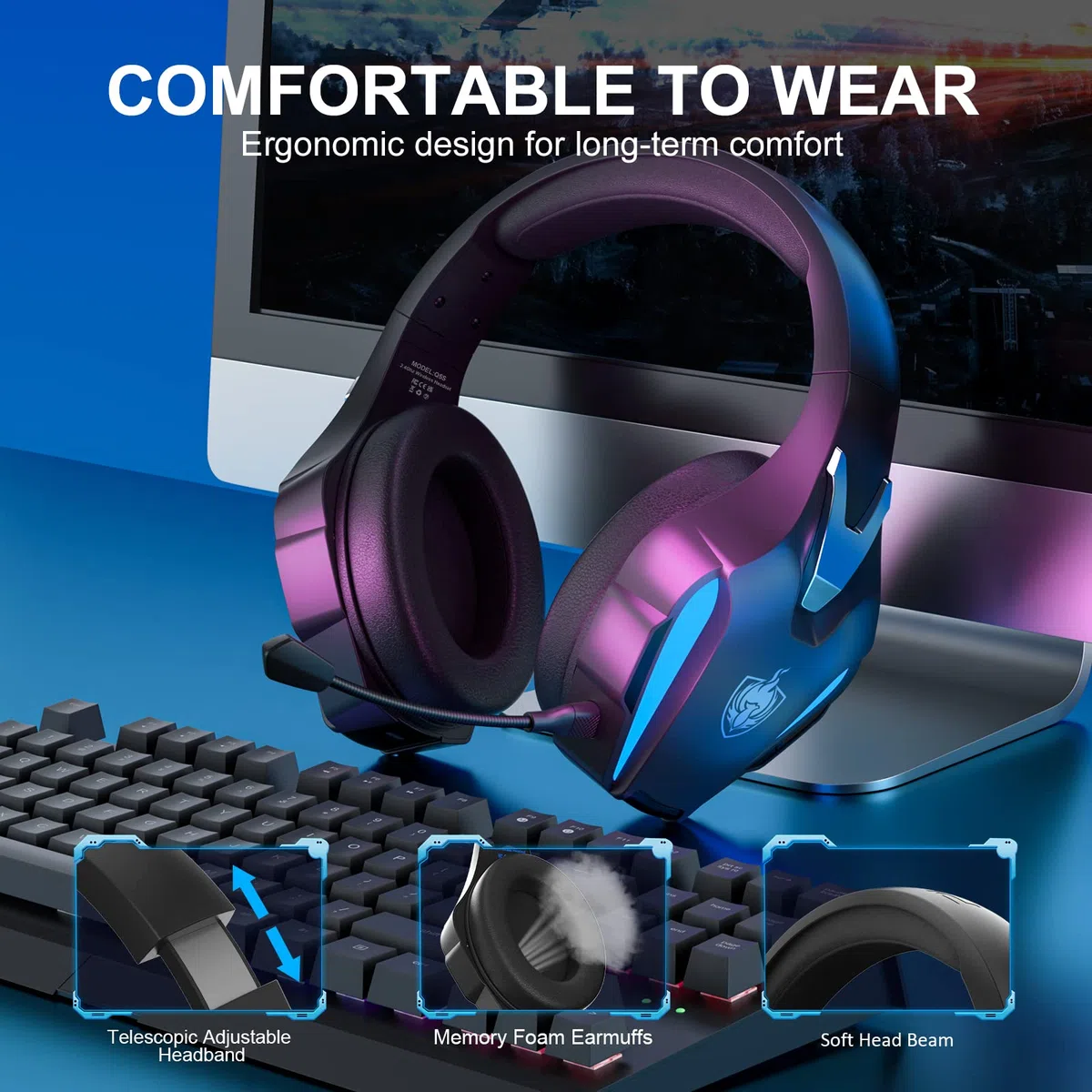 PHOINIKAS Cuffie Gaming Wireless, 2.4GHz Cuffie PS4 Wireless, Dongle USB per PS4/PS5/PC/Switch, Stereo 7.1, Microfono Staccabile con Cancellazione del Rumore, Luci a LED