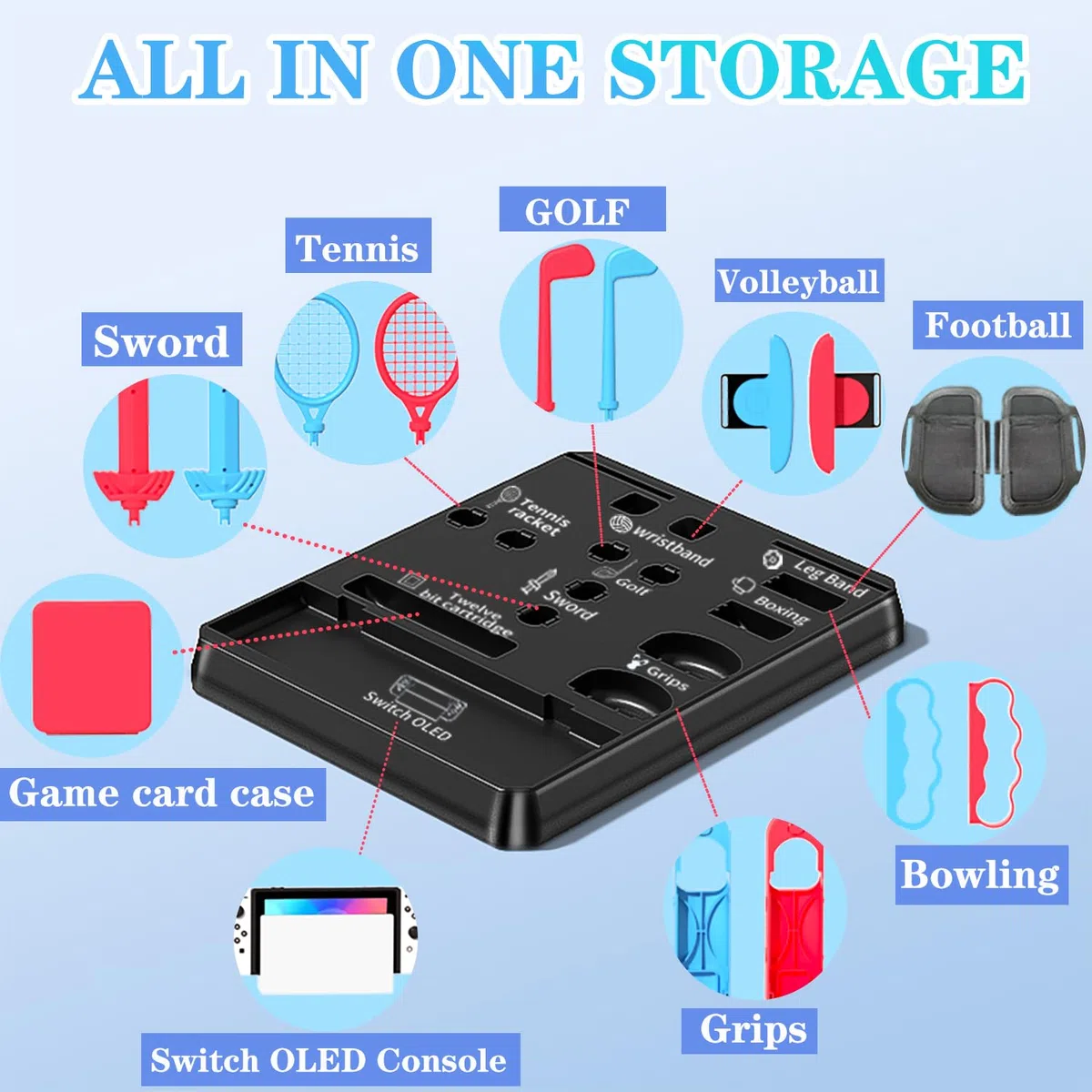 OLDZHU Set di accessori sportivi 16 in 1 con organizer compatibile con Nintendo Switch & console OLED, 2024, per feste in famiglia, set di accessori per gioco