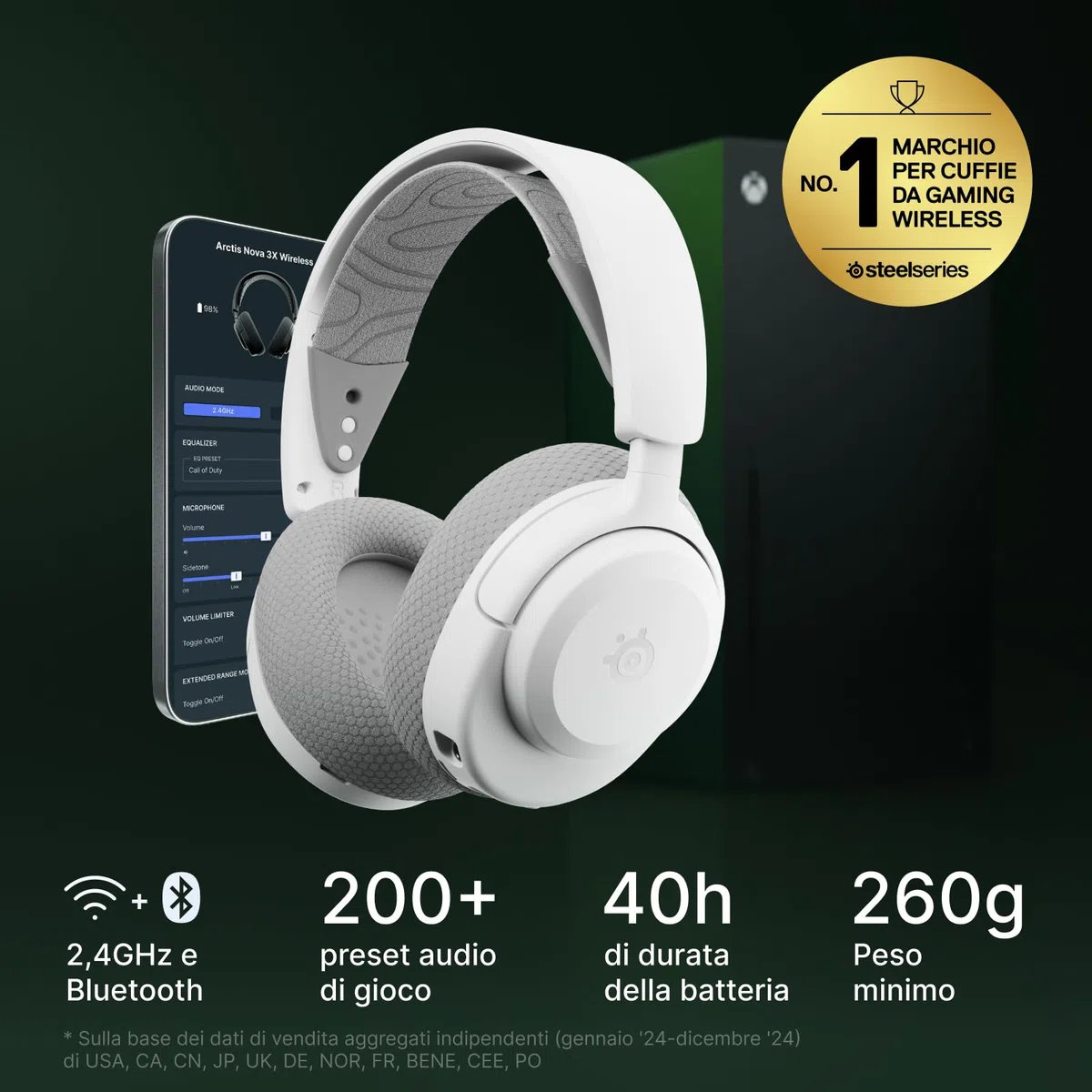 SteelSeries Arctis Nova 3X Cuffie da Gioco Wireless Multipiattaforma 2.4GHz/BT Bianco