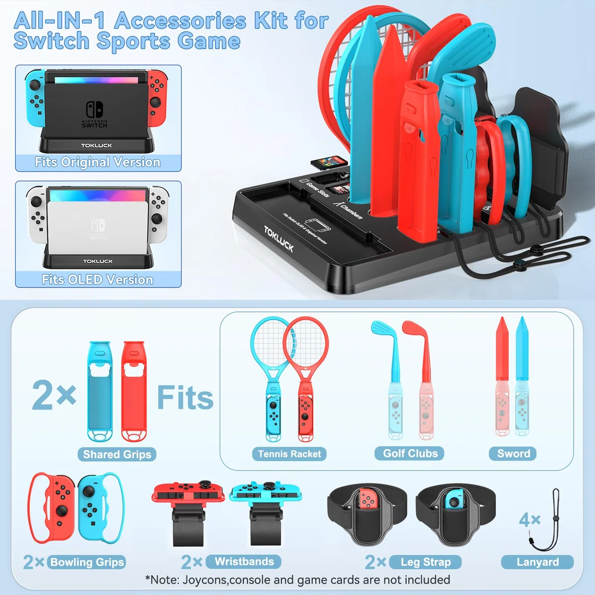 Tokluck 15 in 1 Accessori per Nintendo Switch Sport Gioco, Organizer per Consola Switch/OLED e Joy-con Sports (Blu & Rosso)