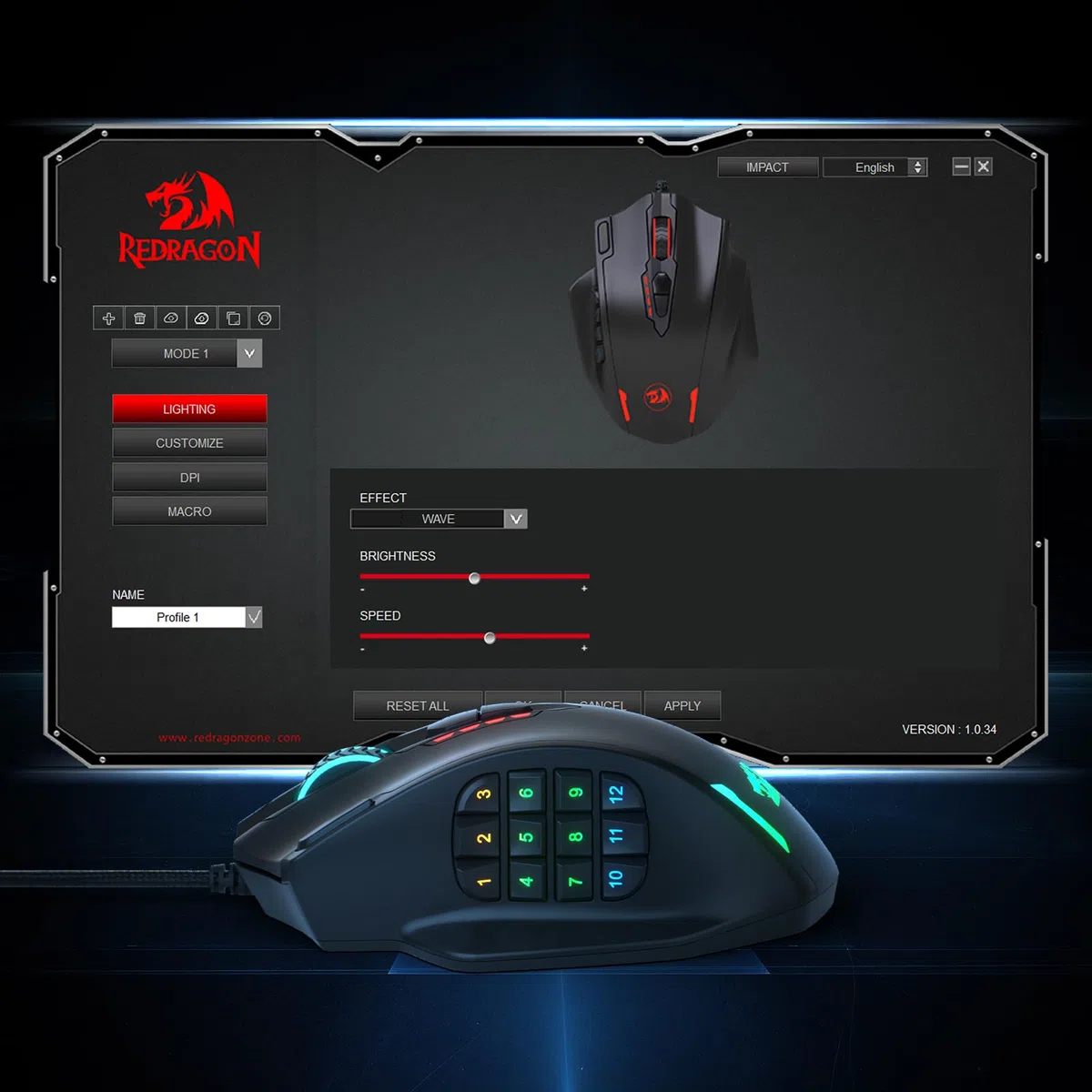 Redragon M908 Impact RGB LED MMO Mouse ottico da gioco cablato 12400 DPI 20 pulsanti programmabili