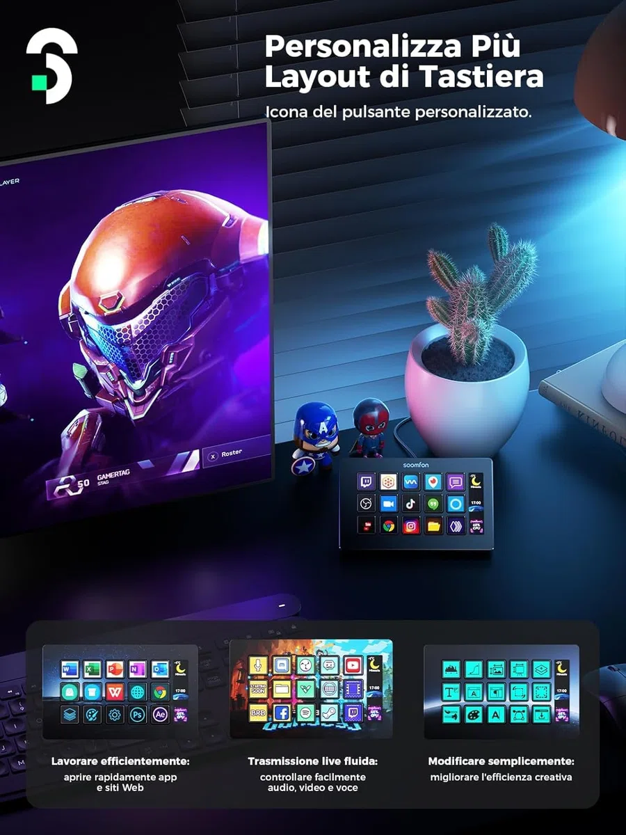 SOOMFON Stream Controller Deck V.2024, 15 Macro Pulsanti LCD Personalizzabili per OBS, Twitch, YouTube, Live-Streaming